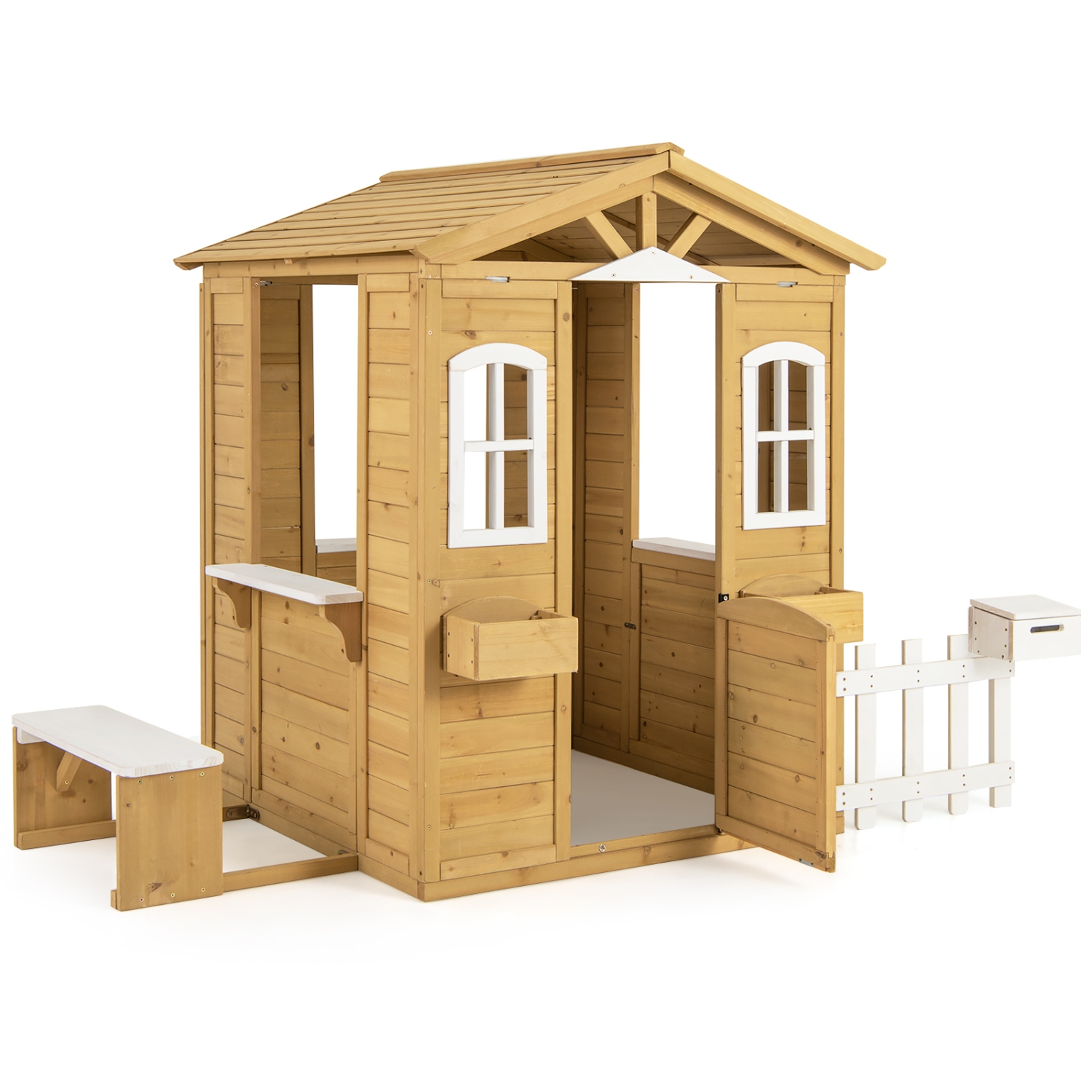 Gymax Wood Playhouse for Kids Outdoor Adventures Cottage w/ Bench Play Game Center