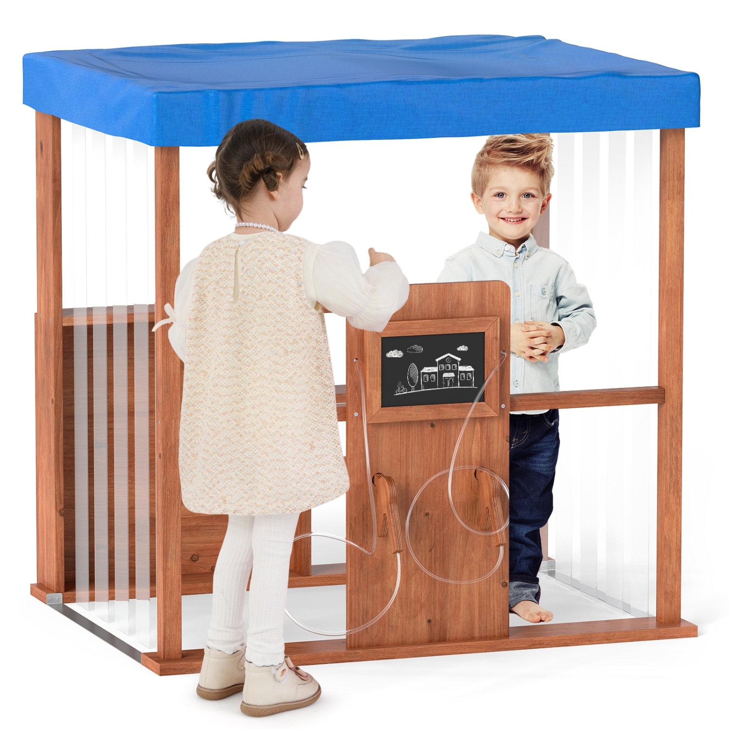 Gymax Kids Gas Station Playhouse w/ Gas Refueling Guns Chalkboards & Storage Shelves