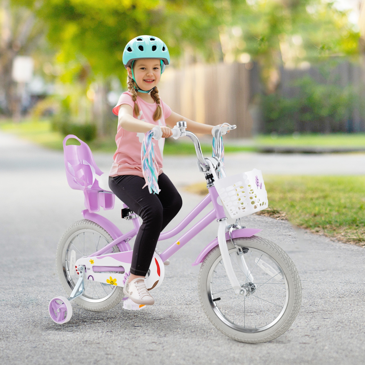 Gymax 16 Inches Kids Bicycle w/ Basket Doll Seat Colorful Streamers Training Wheels