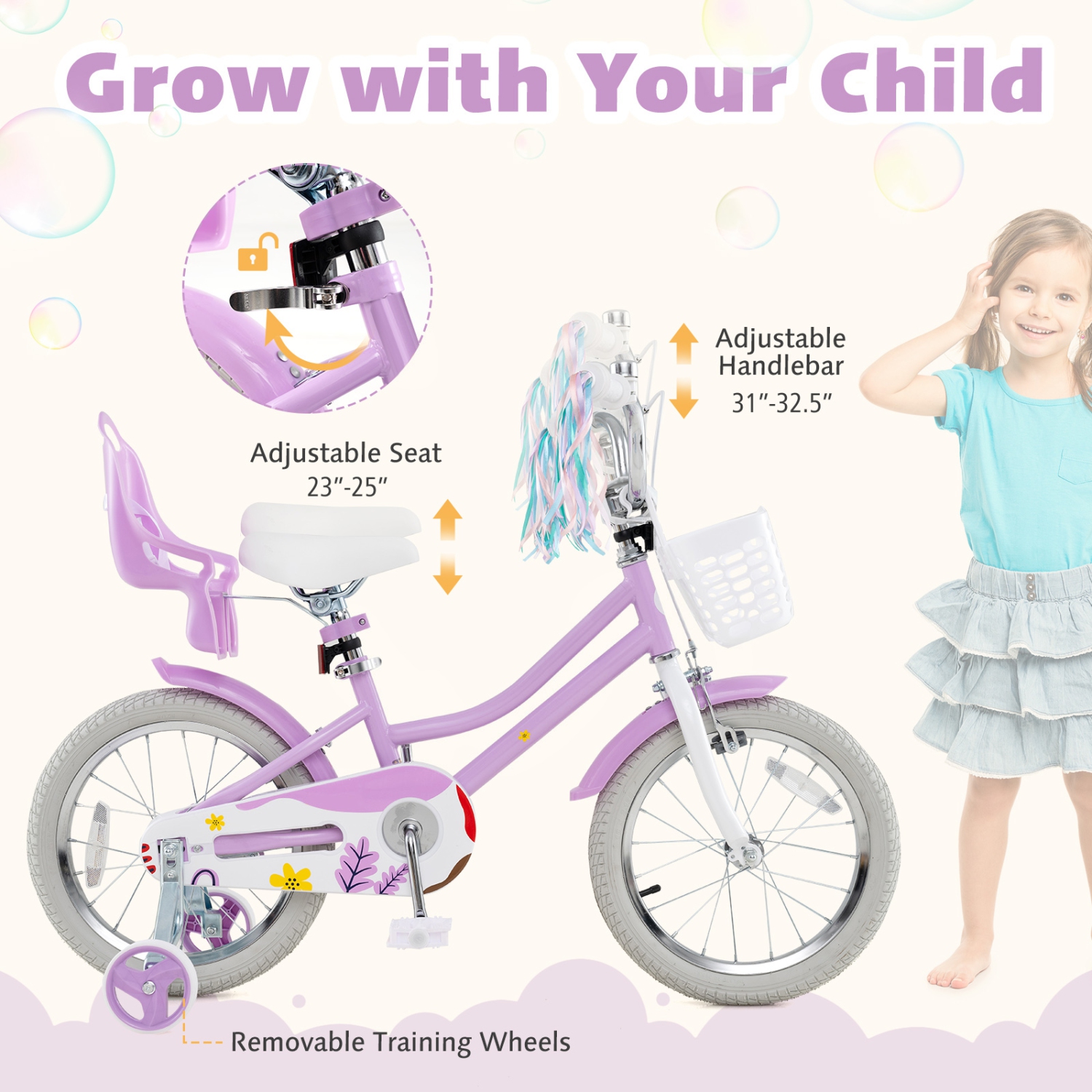 Gymax 16 Inches Kids Bicycle w/ Basket Doll Seat Colorful Streamers Training Wheels