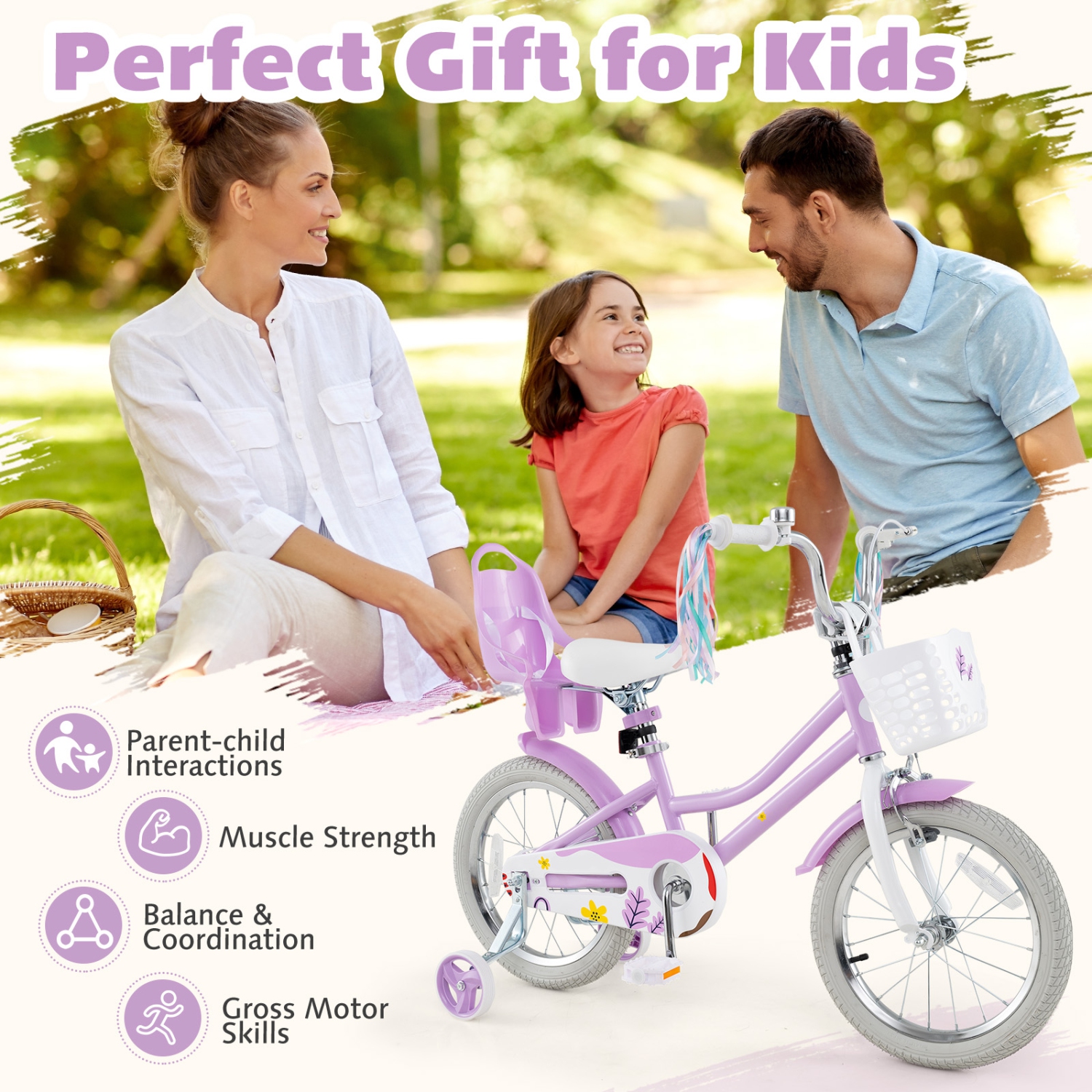 Gymax 16 Inches Kids Bicycle w/ Basket Doll Seat Colorful Streamers Training Wheels