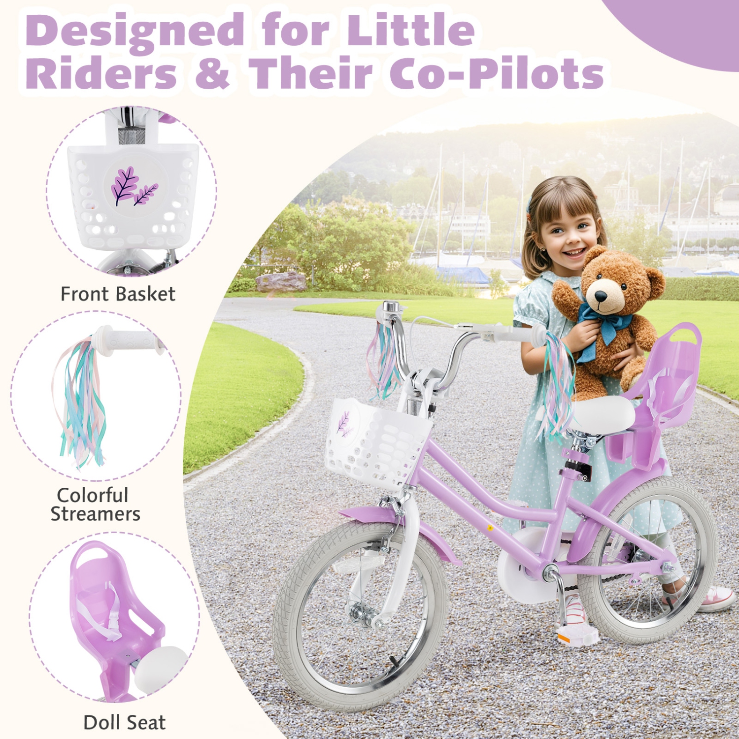 Gymax 16 Inches Kids Bicycle w/ Basket Doll Seat Colorful Streamers Training Wheels
