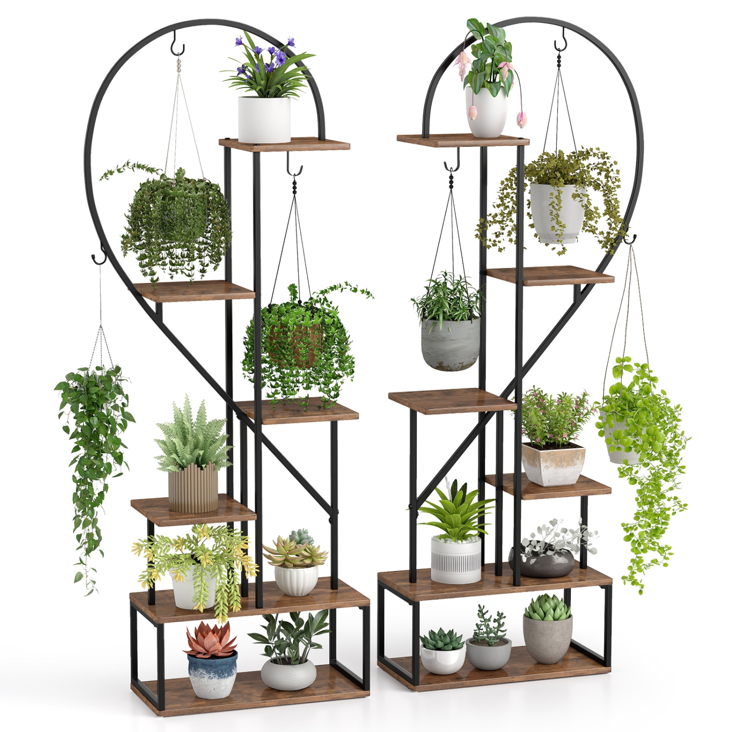 Gymax 6-Tier Metal Plant Stand w/12 Boards 6 Hanging Hooks Tall Flowerpot Display Rack