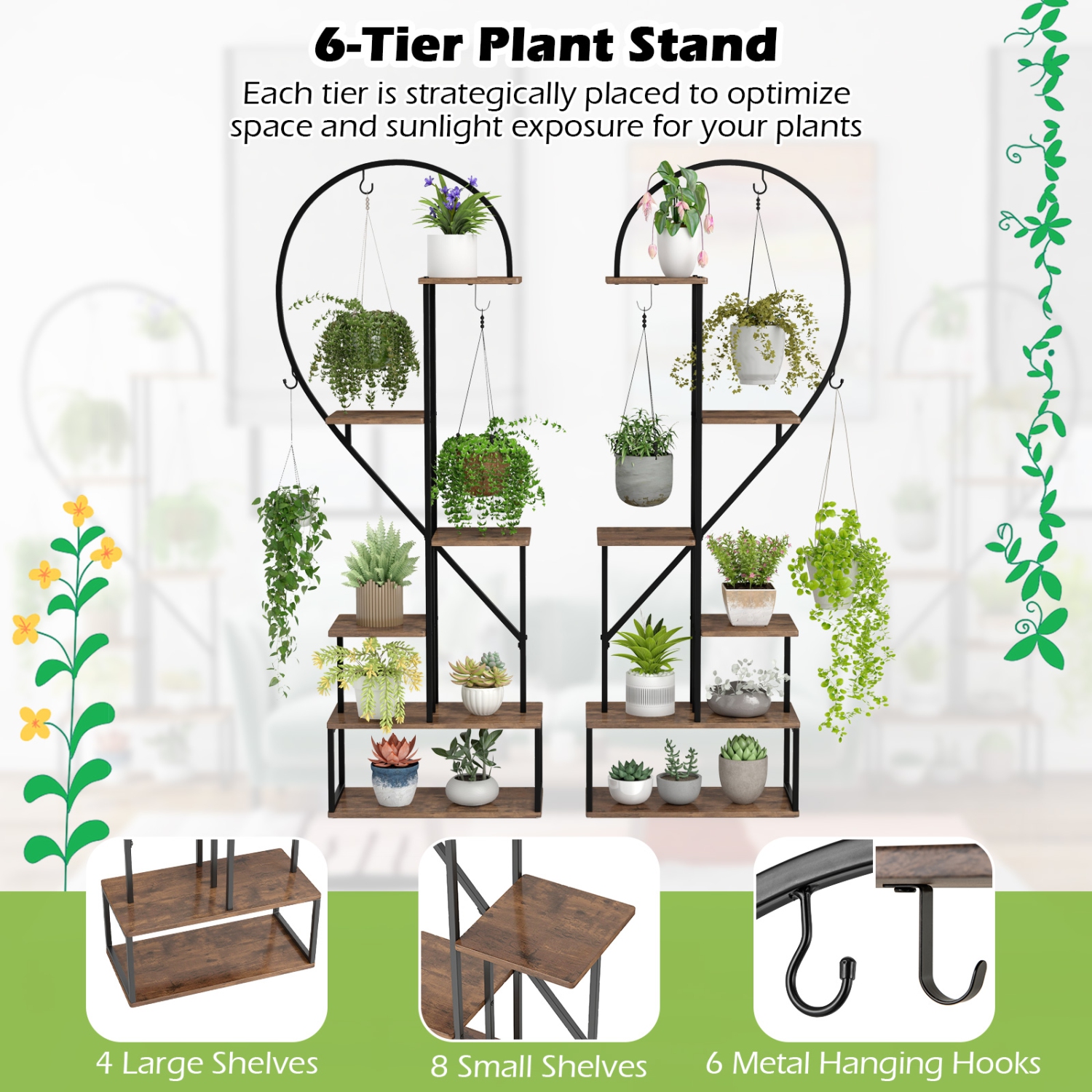 Gymax 6-Tier Metal Plant Stand w/12 Boards 6 Hanging Hooks Tall Flowerpot Display Rack