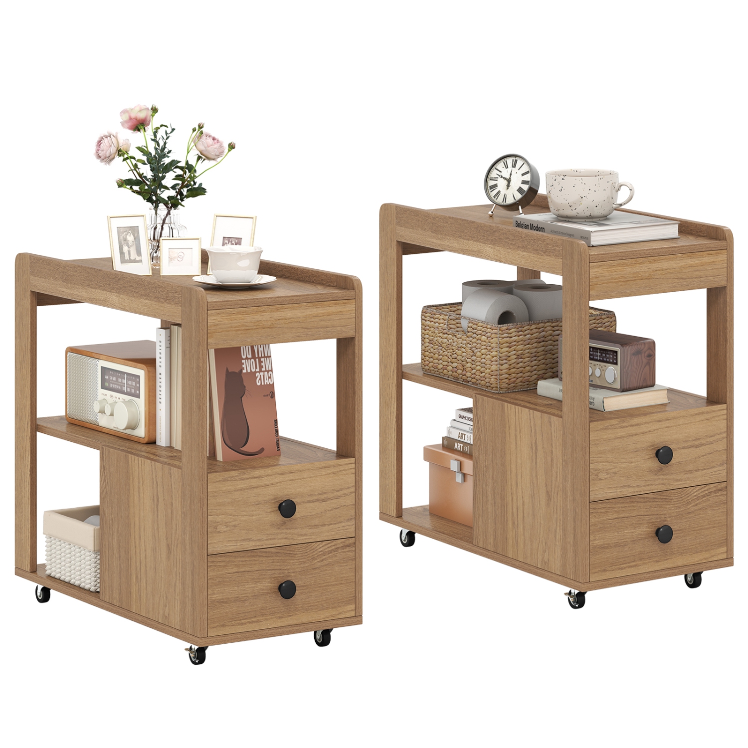 Gymax 2 PCS Narrow End Table Modern 2-Drawer Sofa Side Table w/ Open Shelves Nightstand