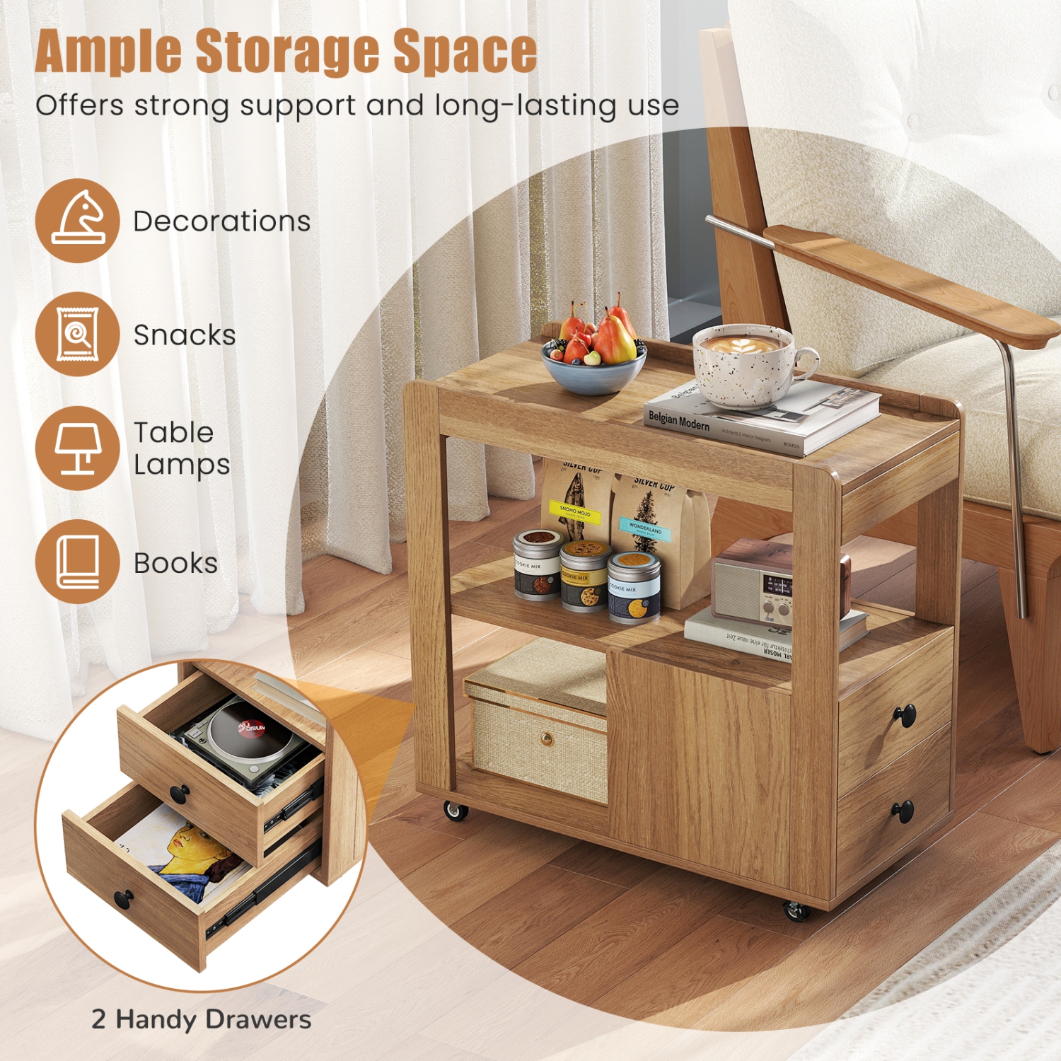 Gymax 2 PCS Narrow End Table Modern 2-Drawer Sofa Side Table w/ Open Shelves Nightstand