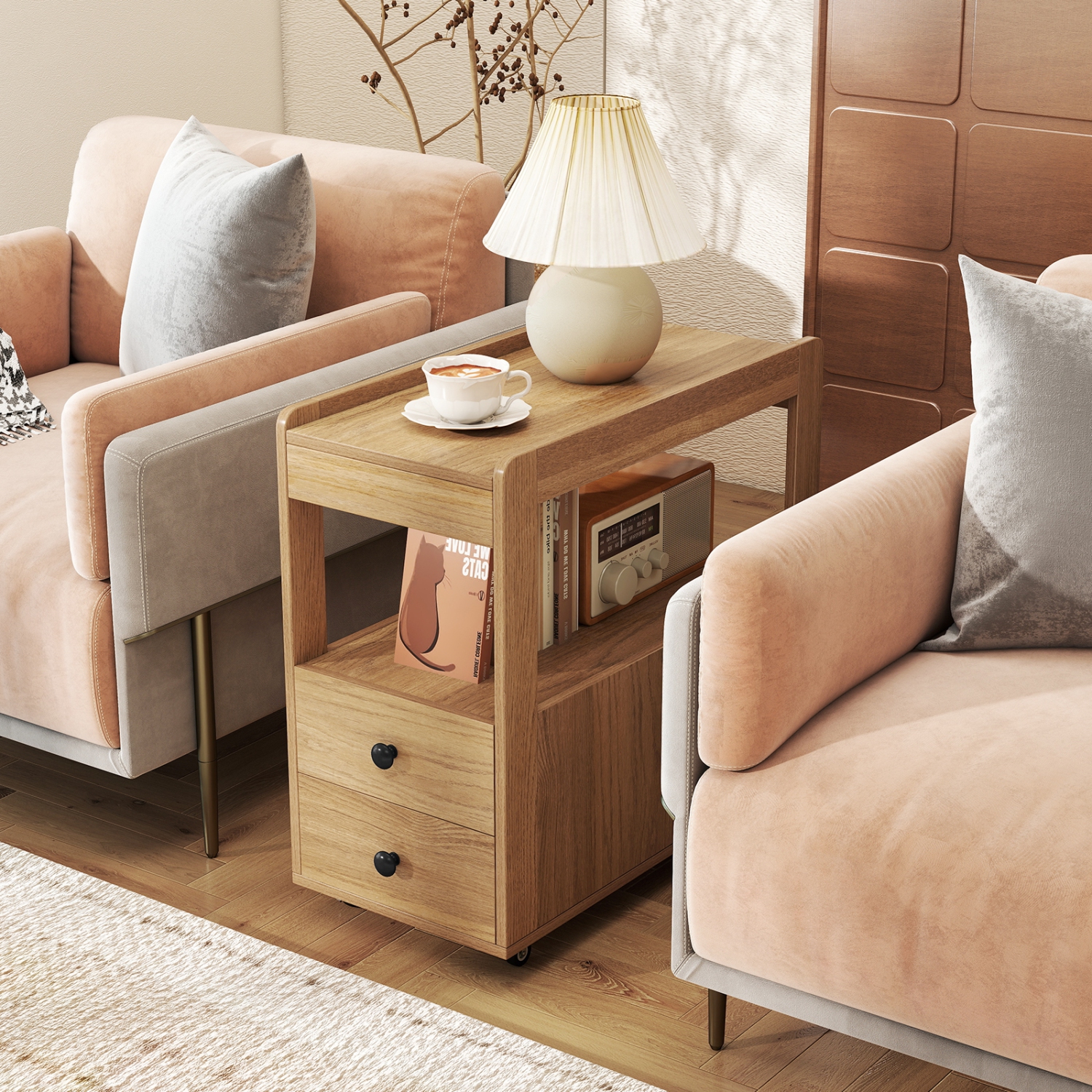 Gymax Narrow End Table Modern 2-Drawer Sofa Side Table w/ Open Shelves Nightstand