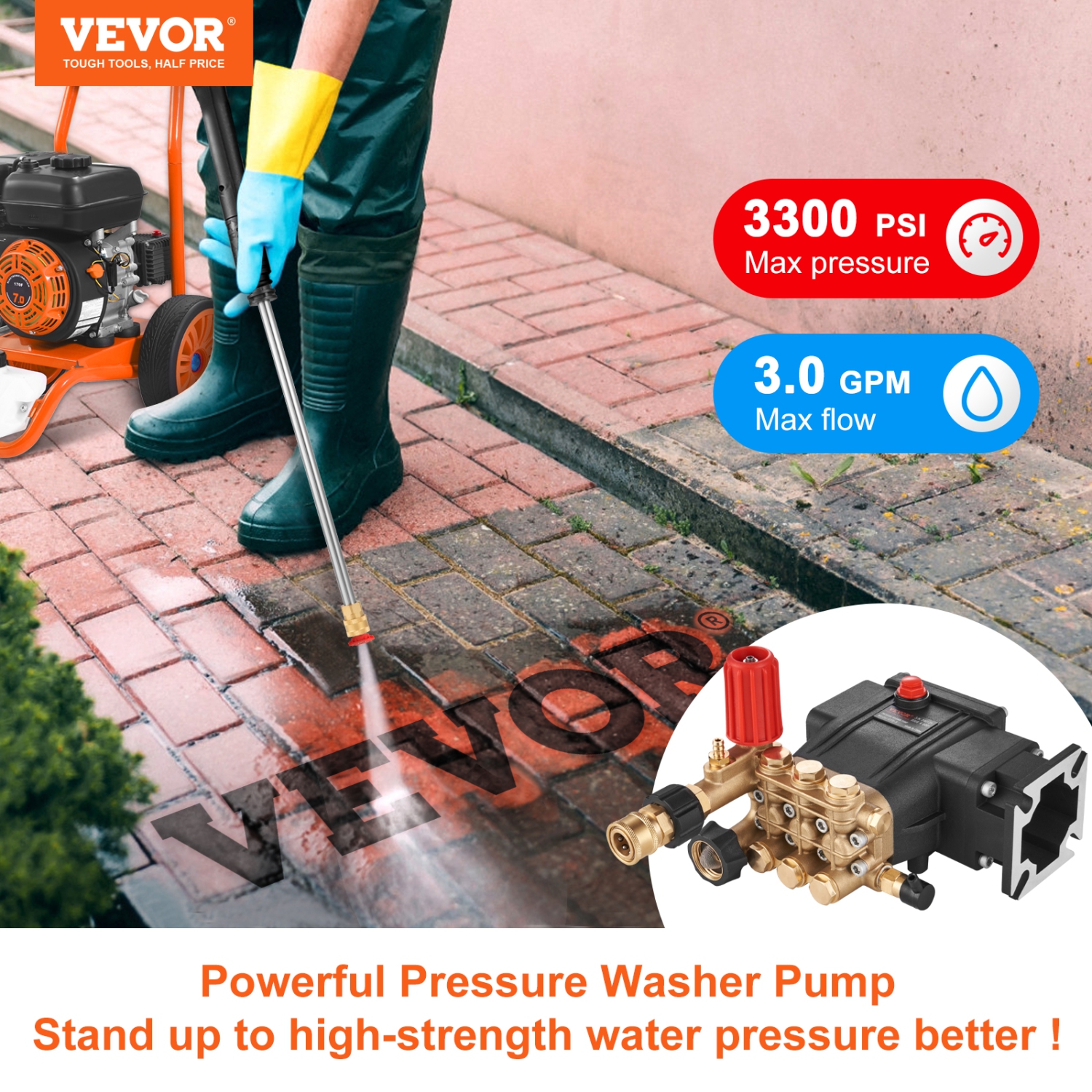 VEVOR 3700 PSI 2.5 GPM Pressure Washer Pump, 3/4" Shaft Horizontal Triplex Plunger, Replacement Washer Pumps Kit, Parts Washer Pump, Fit Simpson