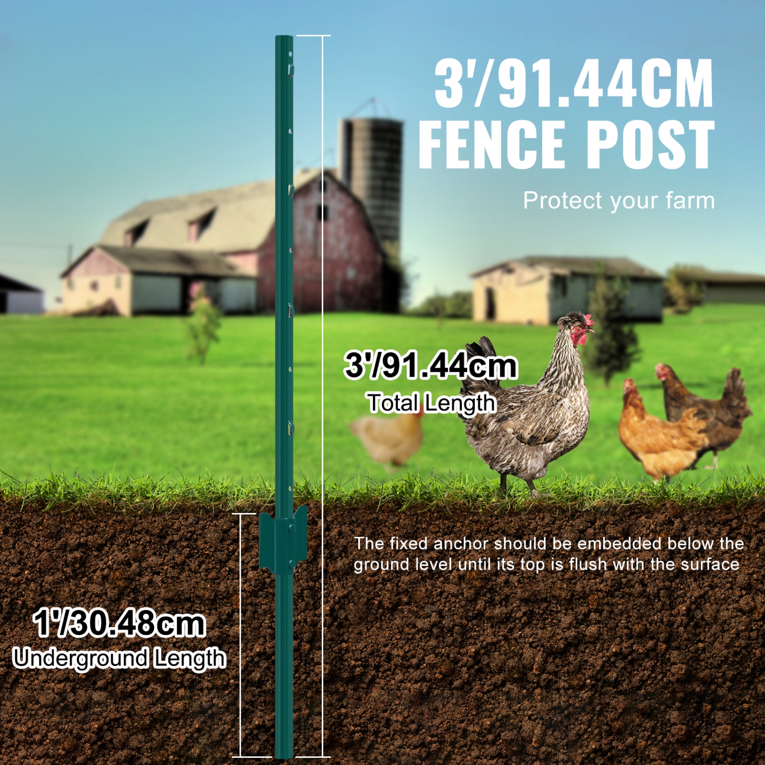 VEVOR 3 Feet Fence Post, 10 Pack U-Channel Heavy Duty Metal Fence Posts, Sturdy Steel Fence Stakes for Garden Yard, Lawn, Farms and Outdoor Wire