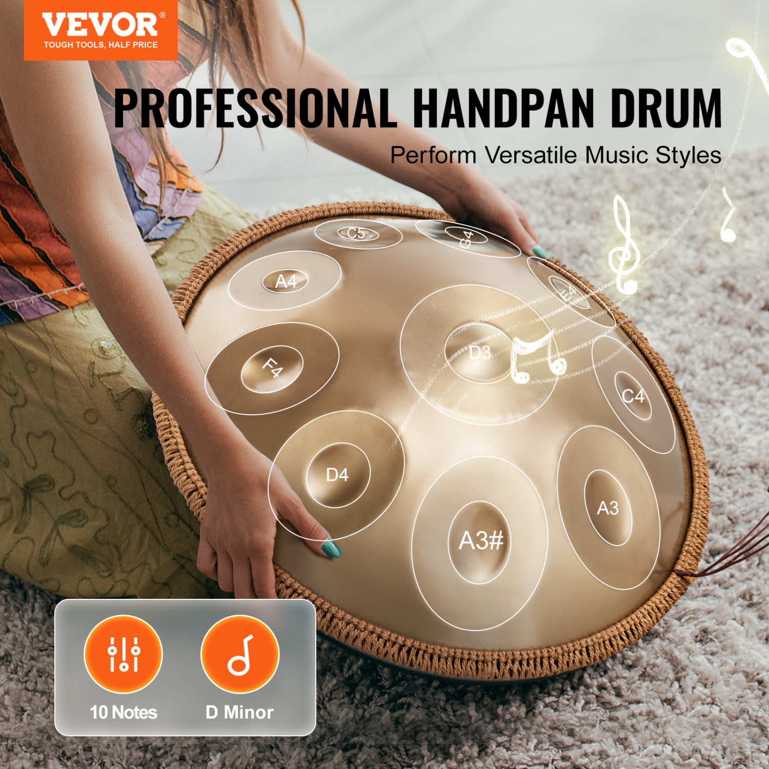 VEVOR 22 in & 10 Notes Handpan Drum, D Minor Hand Drum, Hand Pan Drum Instrument with Mallets, 432Hz Handpan Stand & Carry Bag, Percussion