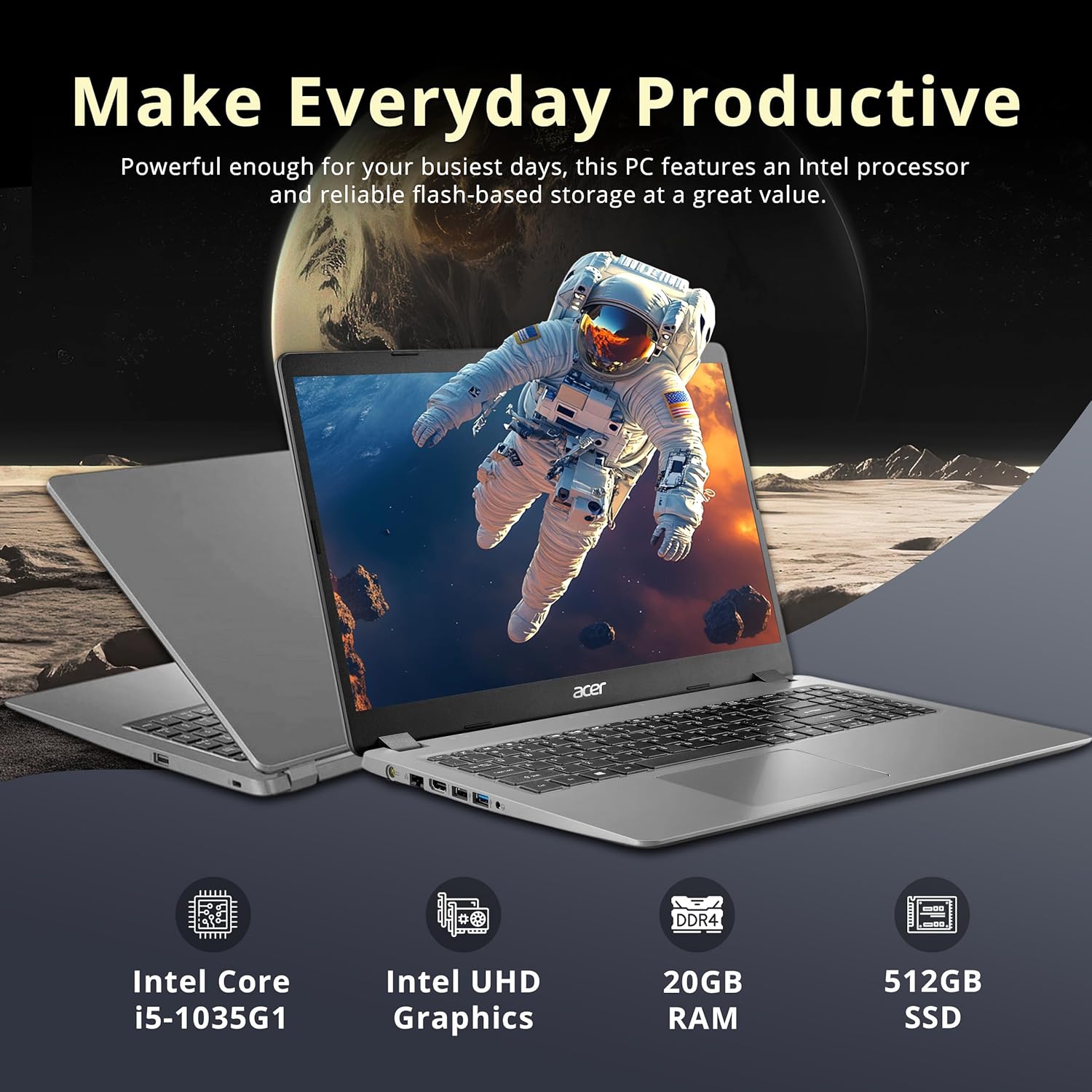 Refurbished - acer Aspire 3 15.6" FHD Laptop, Intel i5-1035G1, 512GB SSD, 20GB DDR4 RAM, Intel UHD Graphics, Numeric Keypad, Wi-Fi, ‎Bluetooth, Win