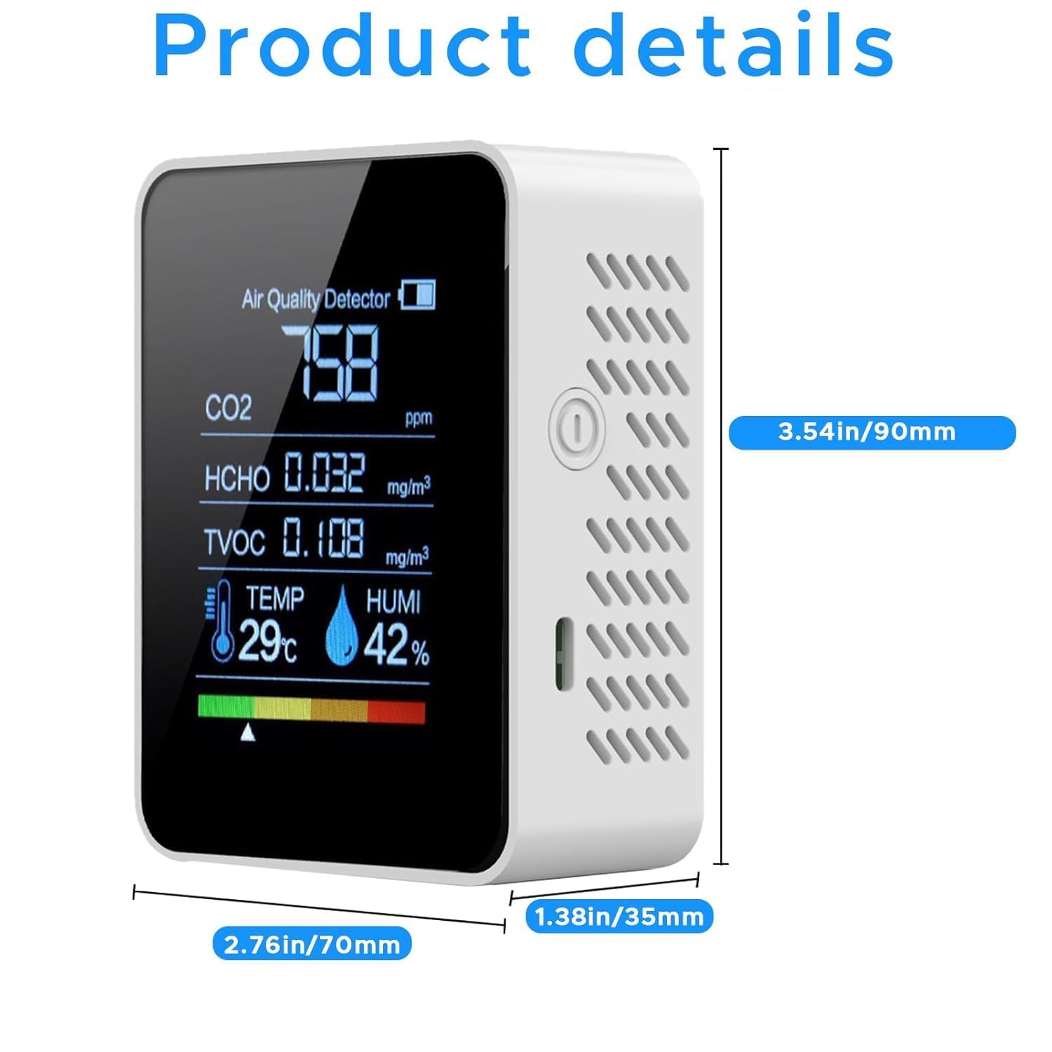 Indoor Air Quality Monitor, 5 in 1 Portable Smart CO2 Monitor for Measuring CO2 | TVOC | HCHO | Temperature | Humidity