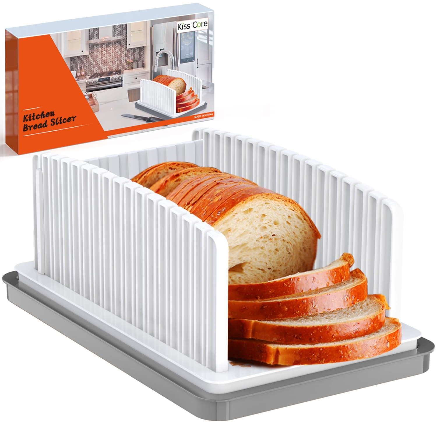 Bread Slicer with Adjustable Width, Foldable Compact Cutting Tray for Homemade Bread, Bagels, Cakes