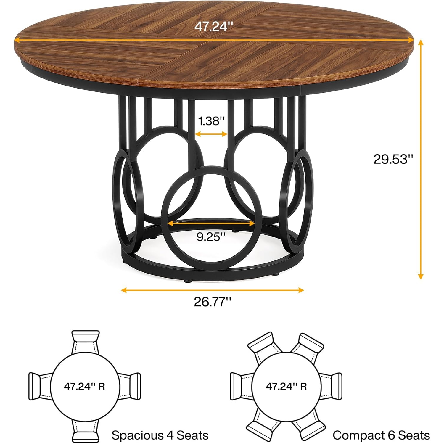 Tribesigns 47-Inch Round Dining Table, Wood Kitchen Table with Sturdy Metal Base for 4-6 People, Large Circle Dinner Table