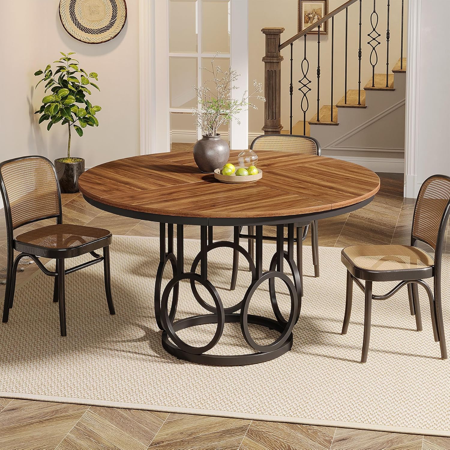 Tribesigns 47-Inch Round Dining Table, Wood Kitchen Table with Sturdy Metal Base for 4-6 People, Large Circle Dinner Table