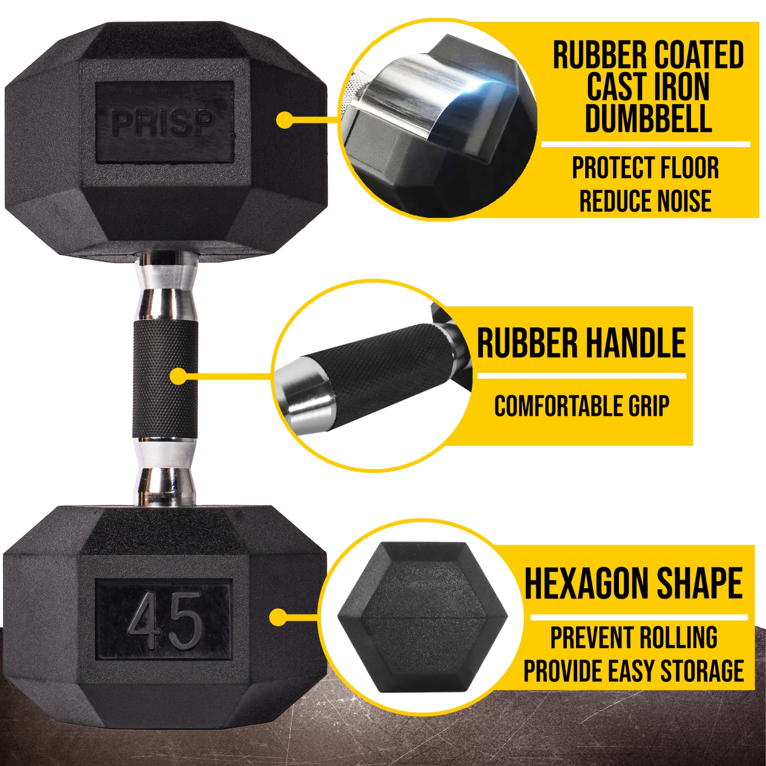 Haltère hexagonal avec boîtier en caoutchouc PRISP - Poids à main en fonte pour gym à domicile, exercice et mise en forme avec prise en caoutchouc;