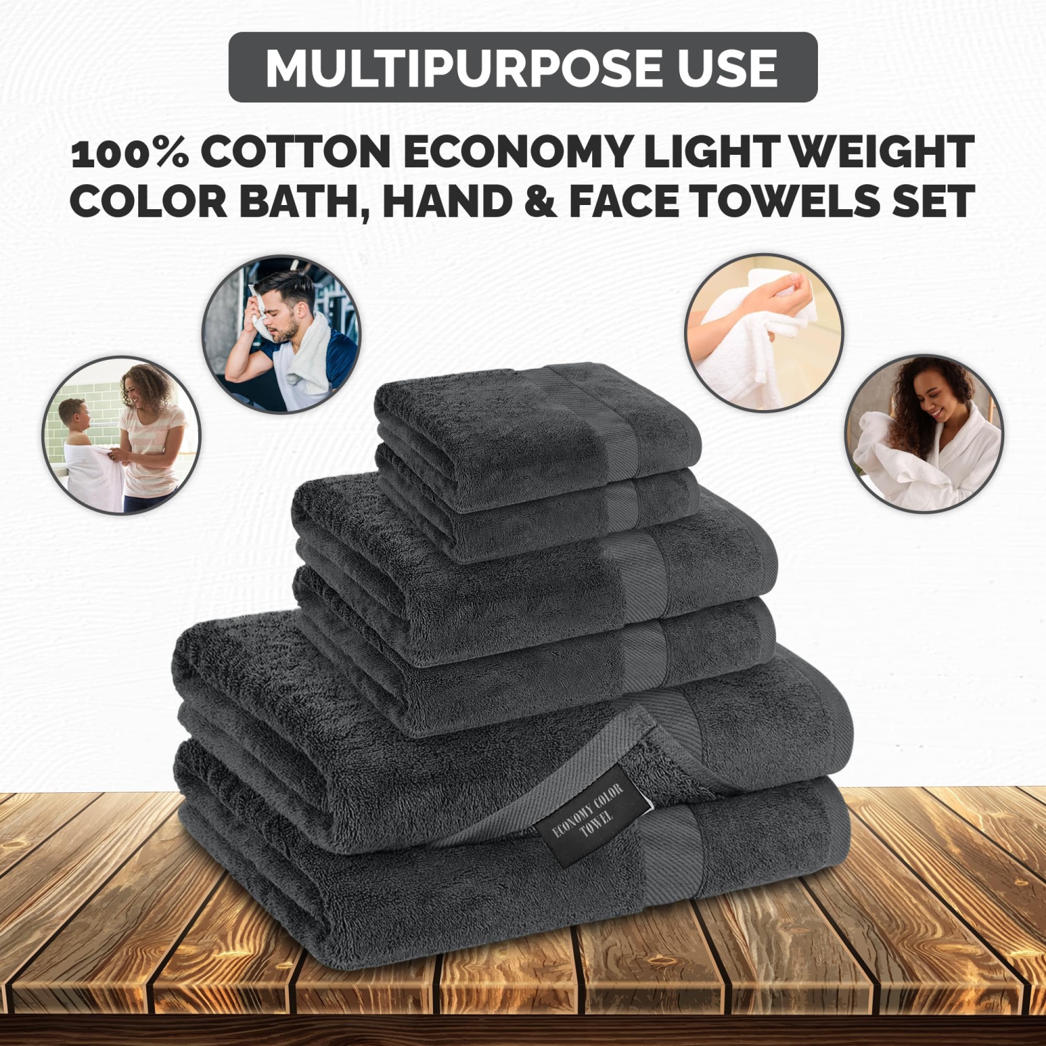 Canadian Linen Economy Bathroom Towel Set, 6 Pack: 2 Bath Towels 2 Hand Towels 2 Washcloths, 100% Cotton Soft Absorbent Light Weight Multipurpose