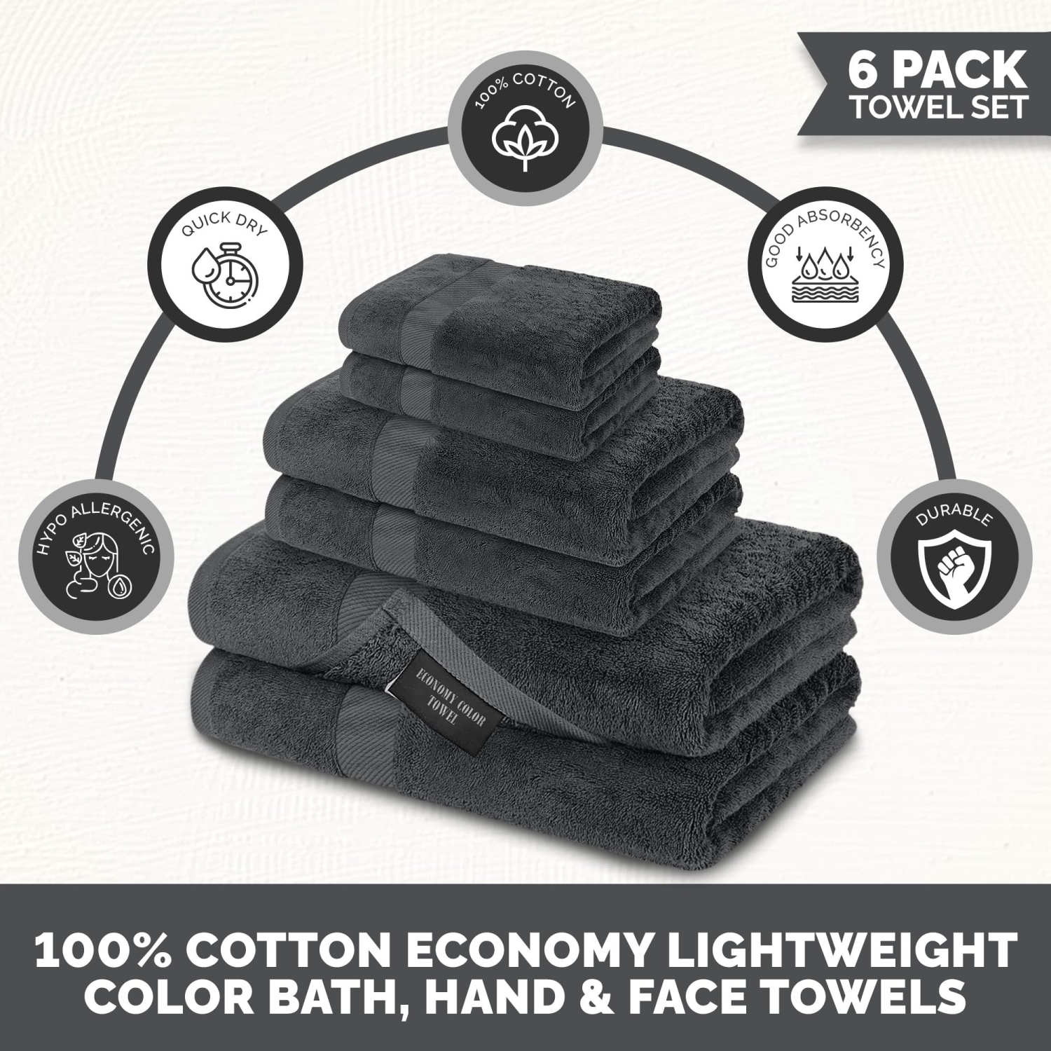 Canadian Linen Economy Bathroom Towel Set, 6 Pack: 2 Bath Towels 2 Hand Towels 2 Washcloths, 100% Cotton Soft Absorbent Light Weight Multipurpose