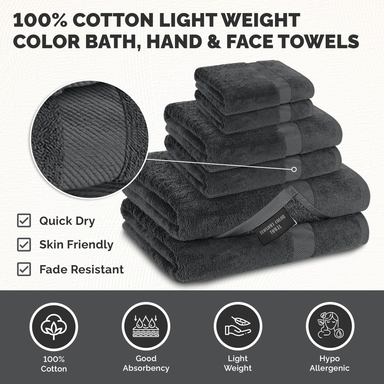 Canadian Linen Economy Bathroom Towel Set, 6 Pack: 2 Bath Towels 2 Hand Towels 2 Washcloths, 100% Cotton Soft Absorbent Light Weight Multipurpose
