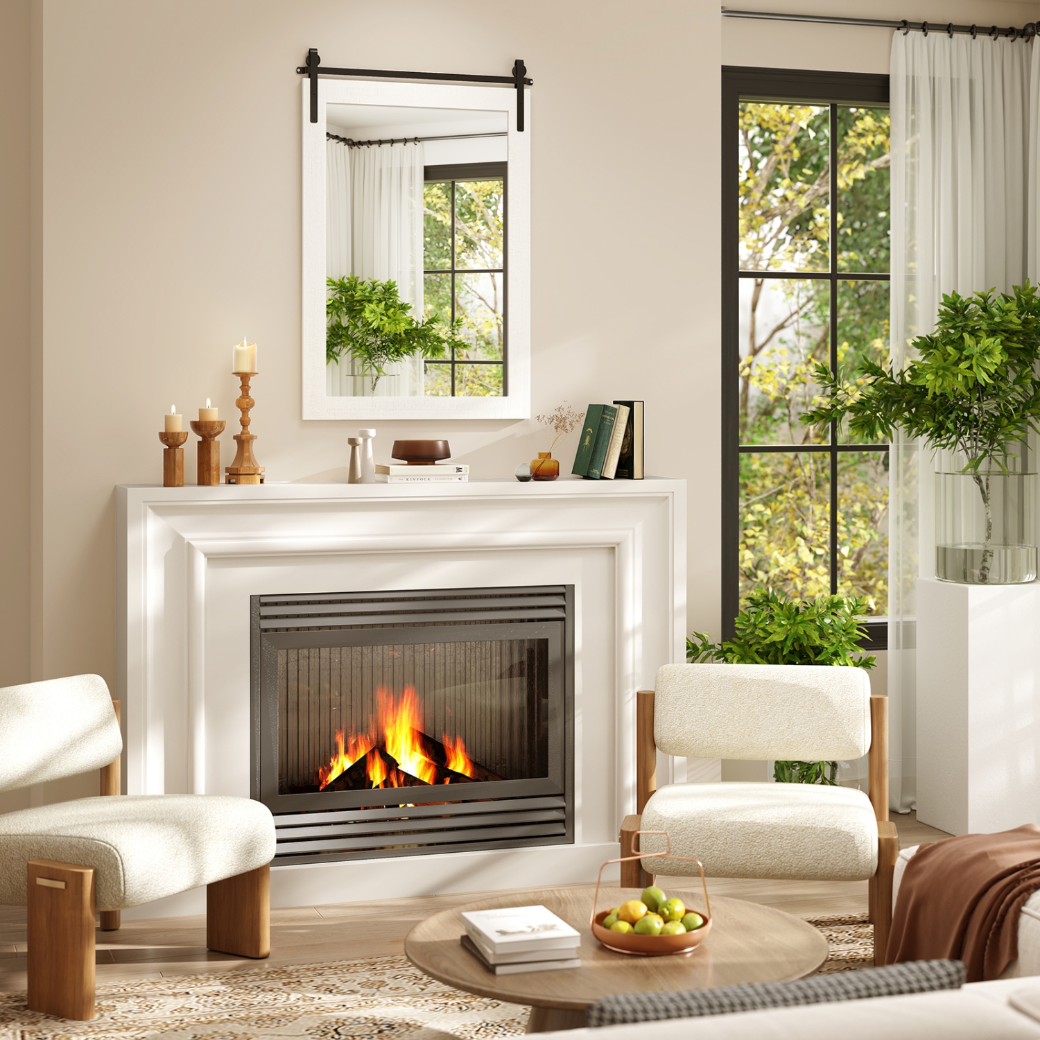 Gymax Farmhouse Wall Mirror Rustic Wood Frame Barn Door Style Decorative Mirror