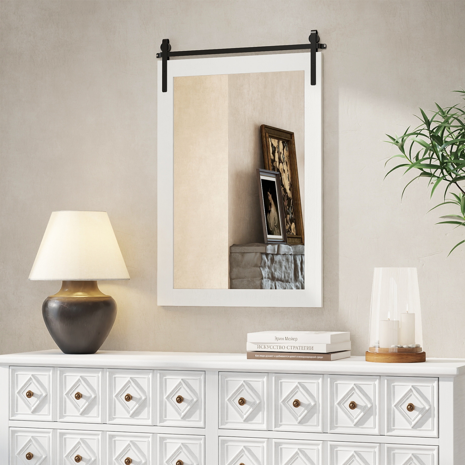 Gymax Farmhouse Wall Mirror Rustic Wood Frame Barn Door Style Decorative Mirror