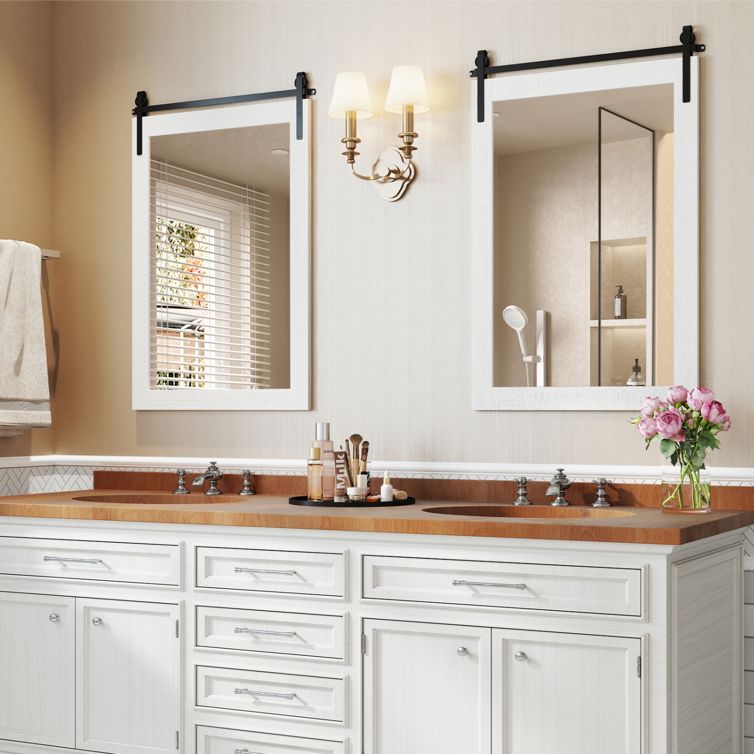 Gymax Farmhouse Wall Mirror Rustic Wood Frame Barn Door Style Decorative Mirror