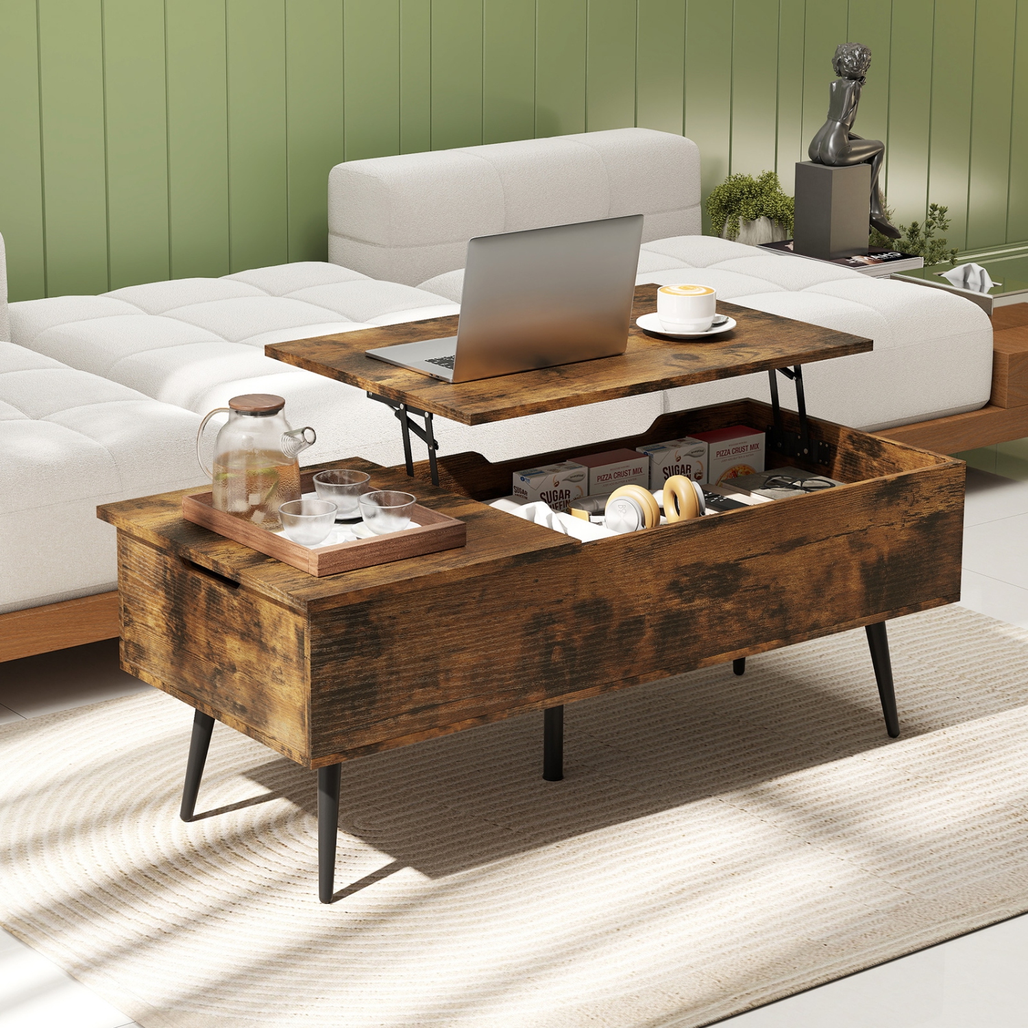 Gymax Mid Century Modern Center Table w/ Split Top & 2 Hidden Compartments