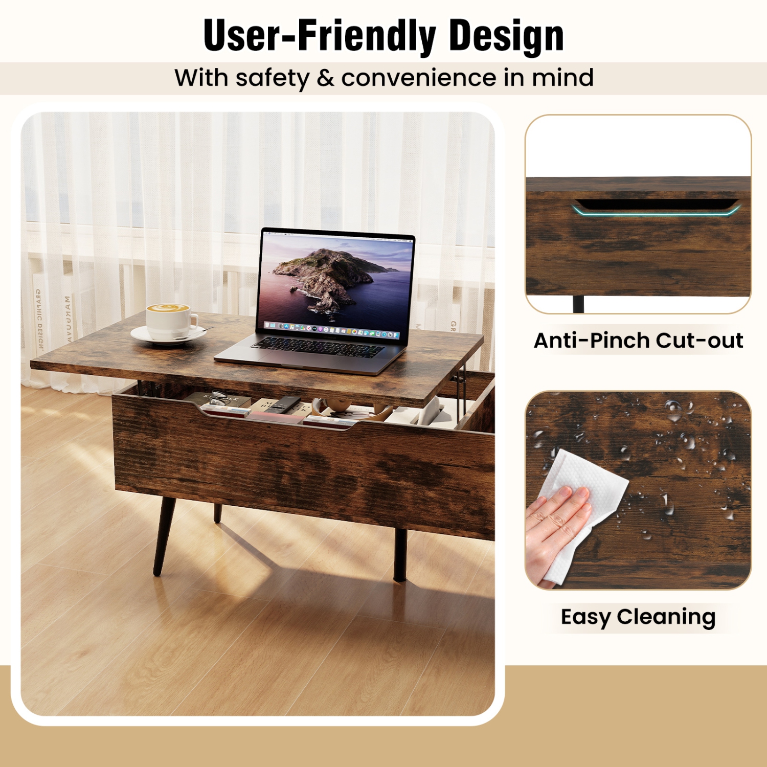 Gymax Mid Century Modern Center Table w/ Split Top & 2 Hidden Compartments