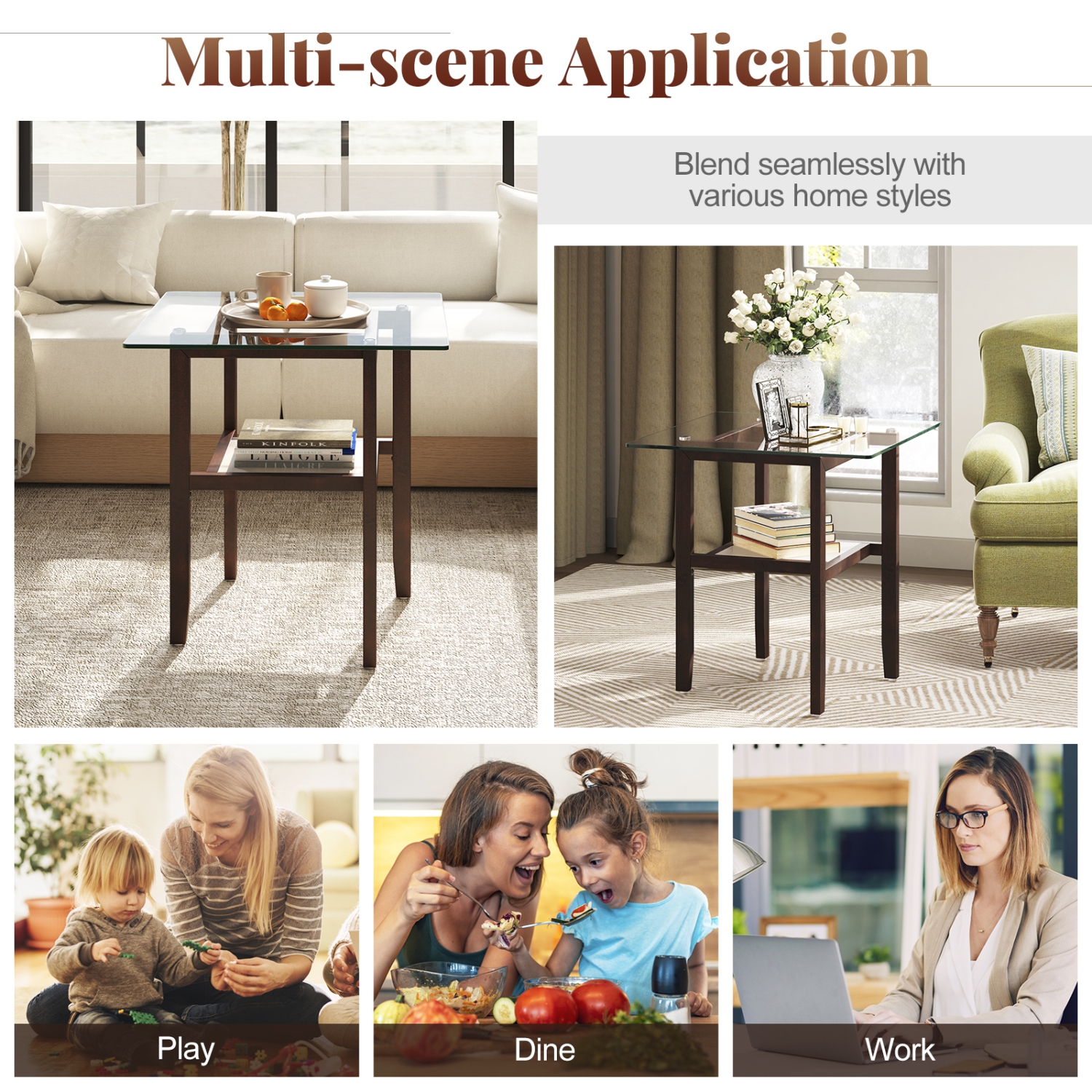 Gymax 24'' Square Glass Side Table w/Storage Shelf & Rubber Wood Frame for Living Room