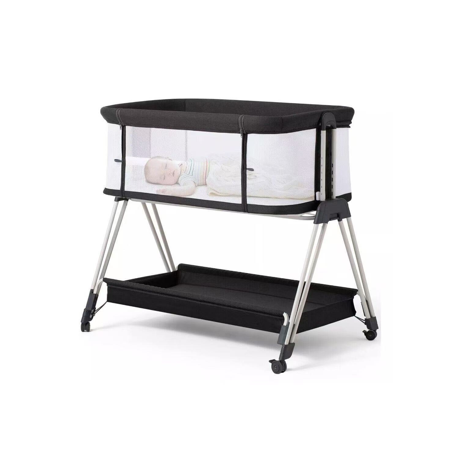 Baby Bassinet Bedside Sleeper with Wheels, Storage Tray, 4-Sided Mesh, 7-Height Adjustable, Easy-Fold Crib for Newborns