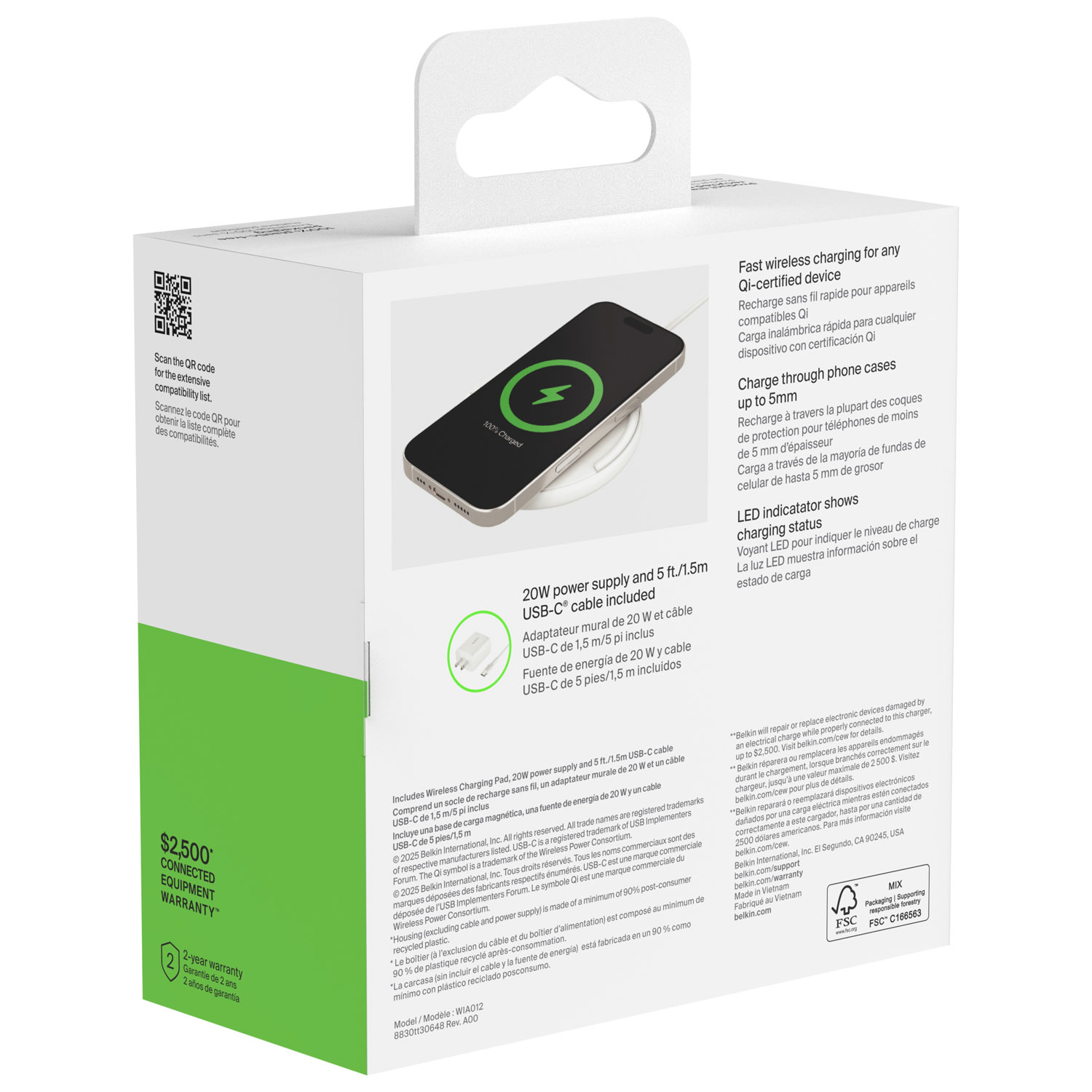 Tapis de chargement sans fil Qi2 de 15 W avec MagSafe de Belkin - Blanc