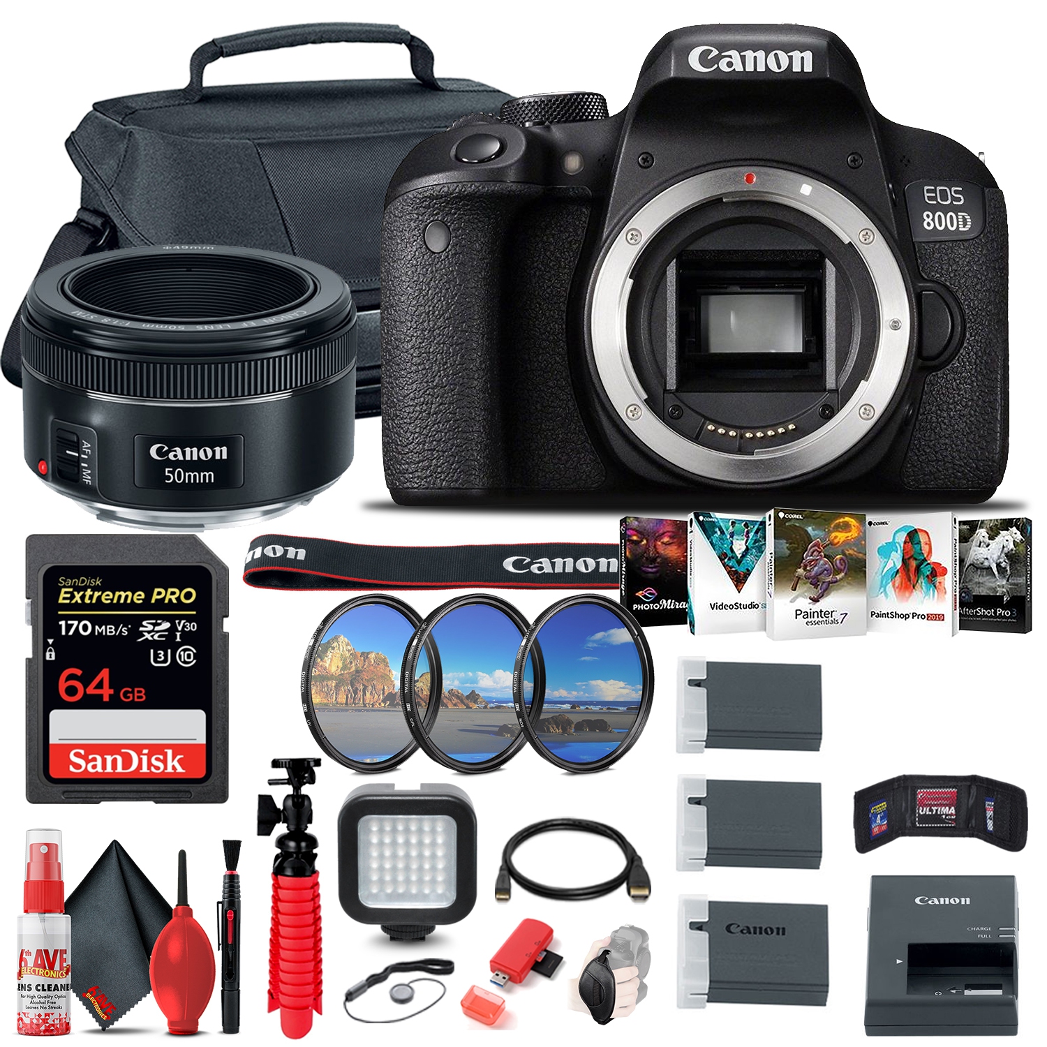 Canon EOS Rebel 800D / T7i DSLR Camera + Canon EF 50mm Lens + 64GB Outdoor Bundle