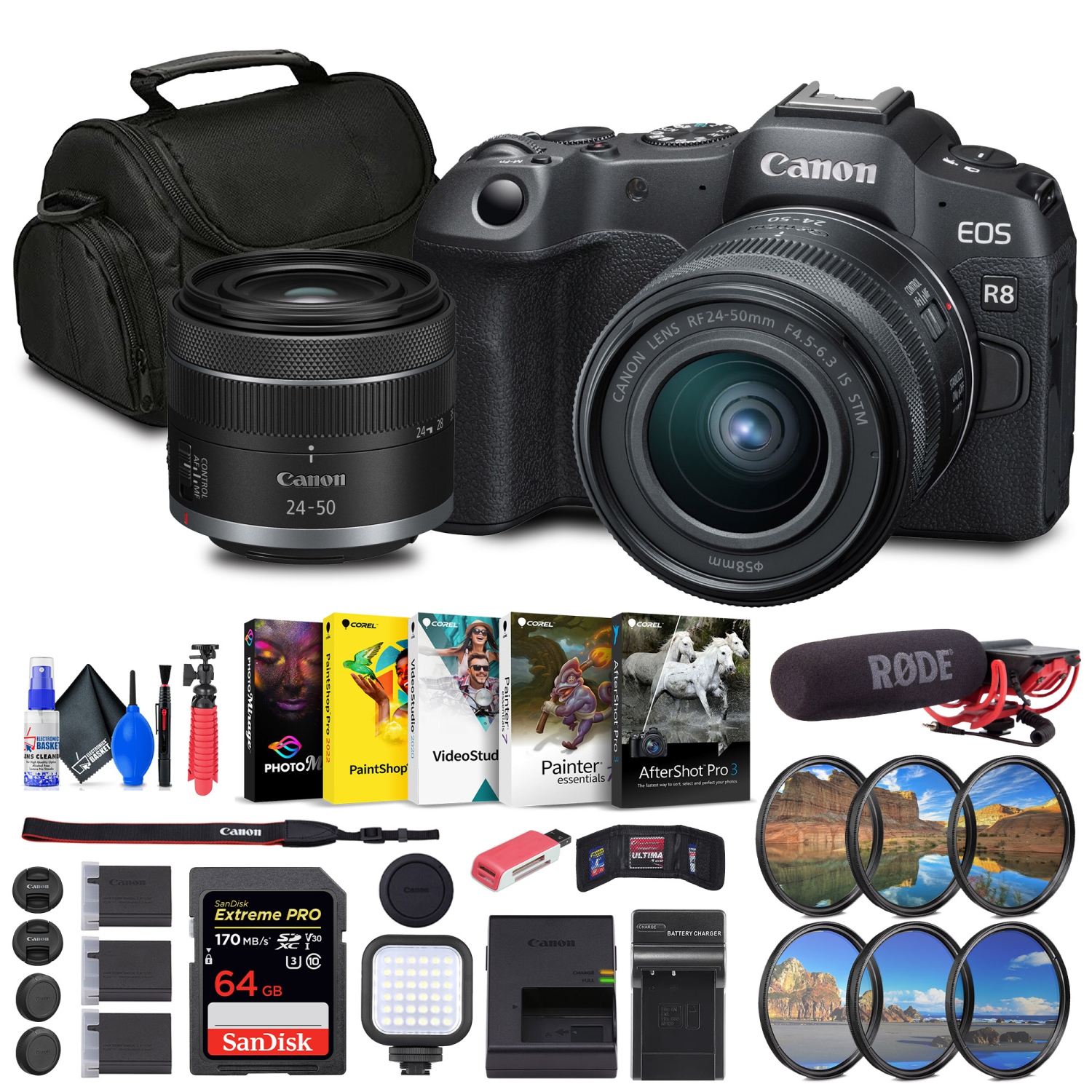 Canon EOS R8 Mirrorless Camera with RF 24-50mm Lens + 64GB Card + Bag + Charger + Battery + More