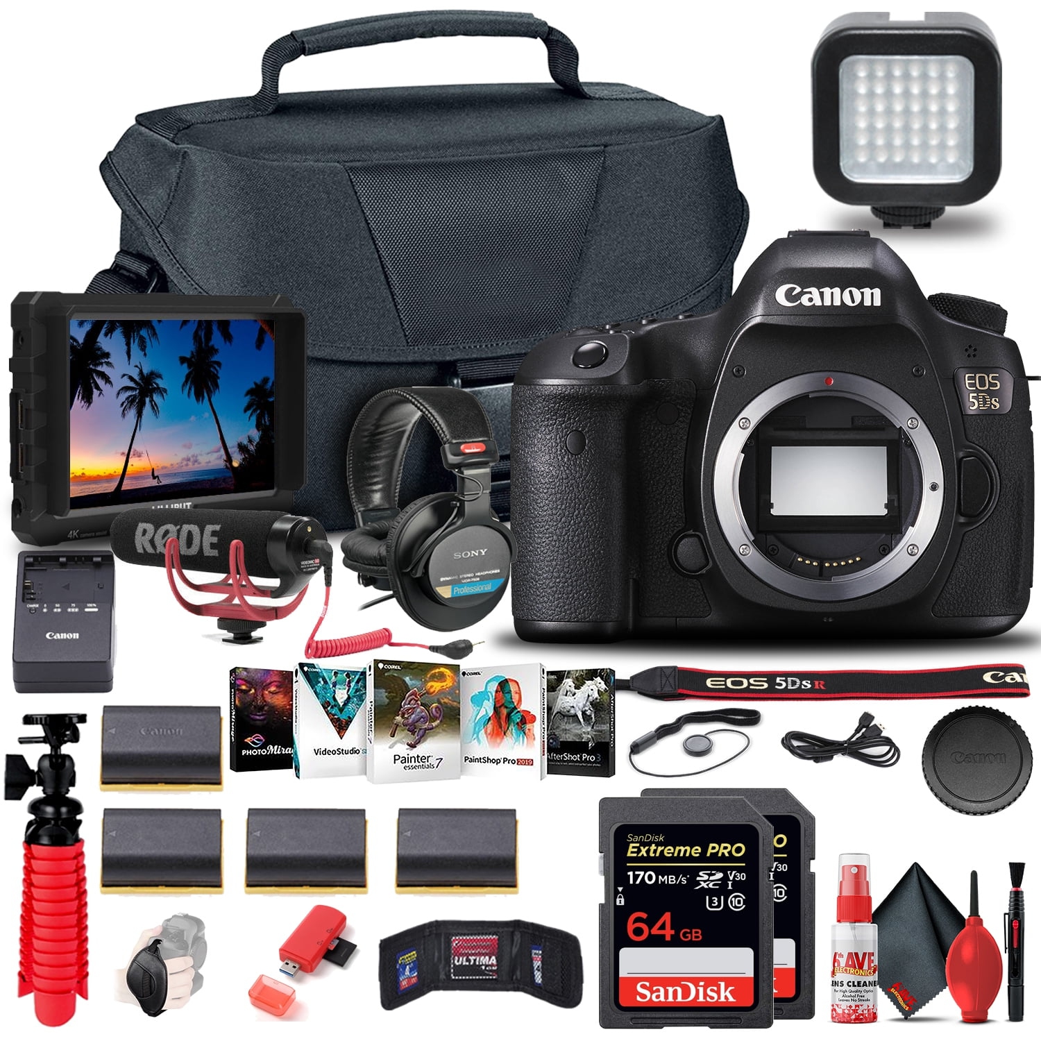 Canon EOS 5DS DSLR Camera (0581C002) + 4K Monitor + Pro Mic + More