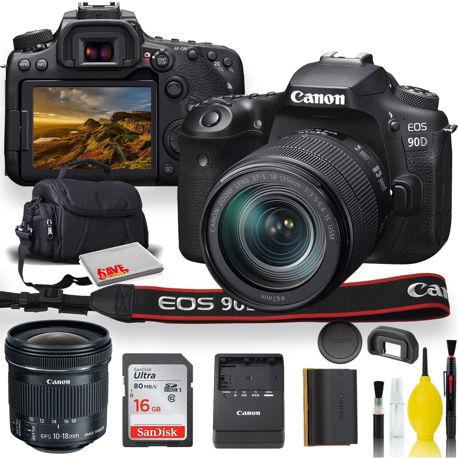 Canon EOS 90D DSLR Camera With 18-135mm Lens, Canon EF-S 10-18mm f/4.5-5.6 IS STM Lens, Soft Padded Case, Memory Card, and More
