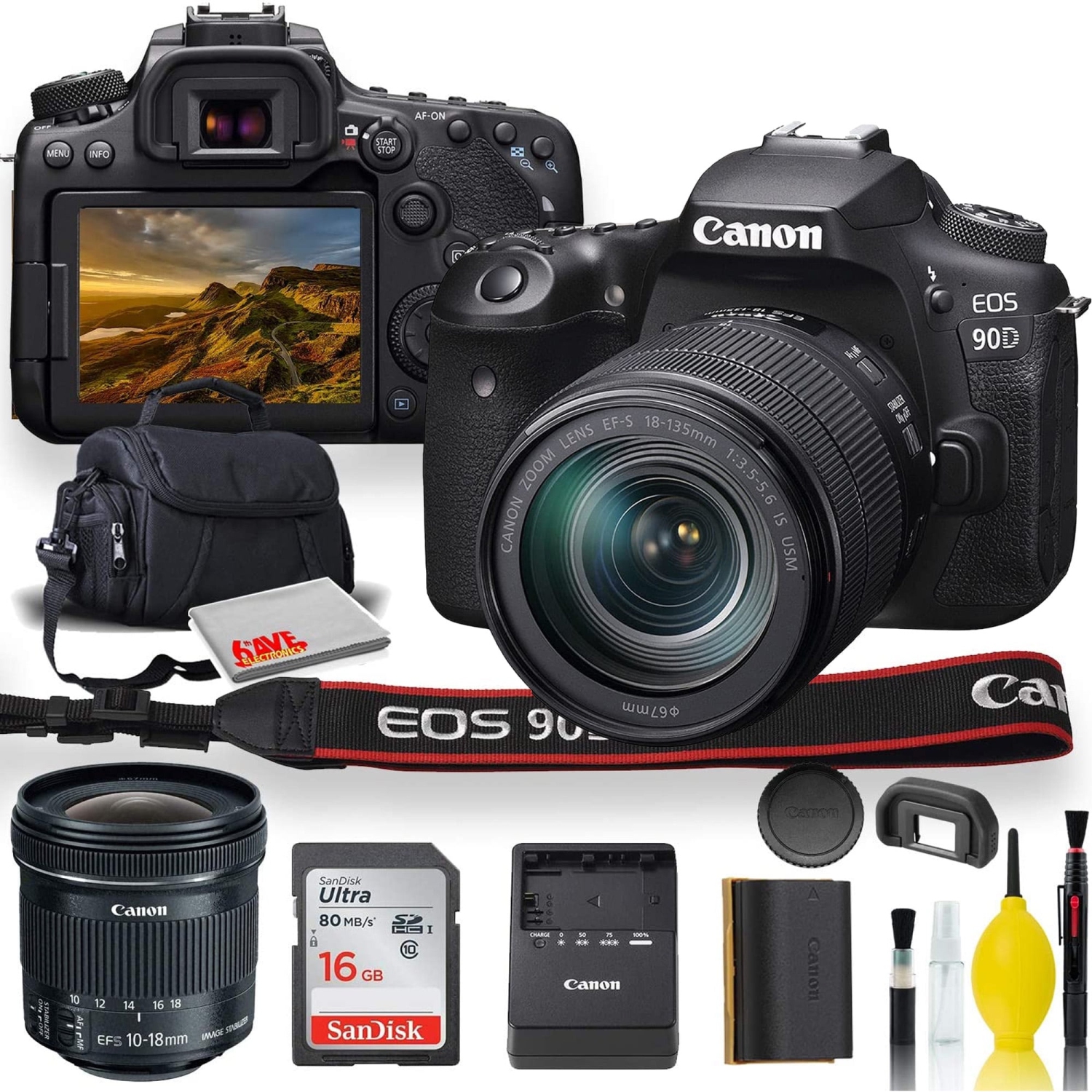 Canon EOS 90D DSLR Camera With 18-135mm Lens, Canon EF-S 10-18mm f/4.5-5.6 IS STM Lens, Soft Padded Case, Memory Card, and More