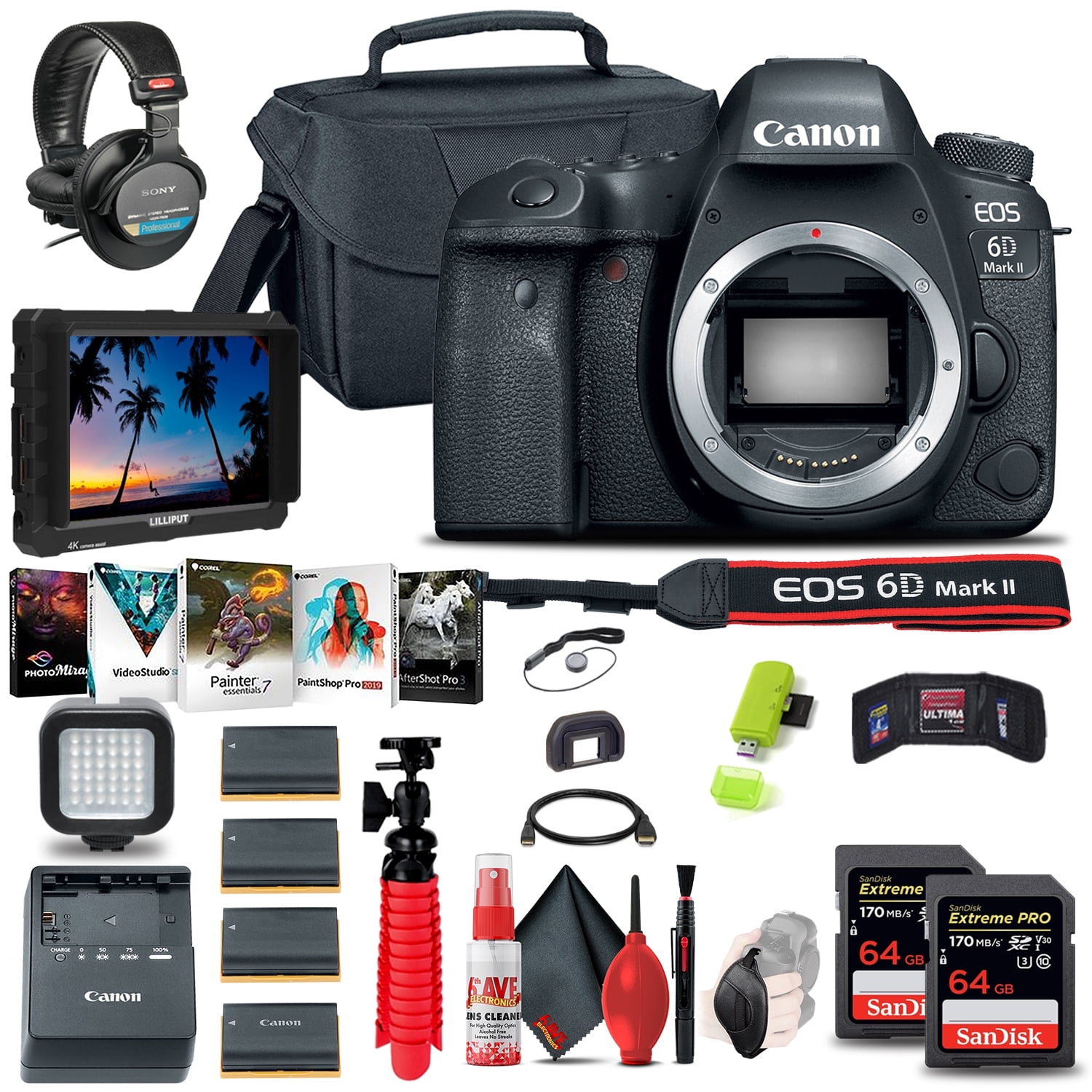 Canon EOS 6D Mark II DSLR Camera (1897C002) + 4K Monitor + More