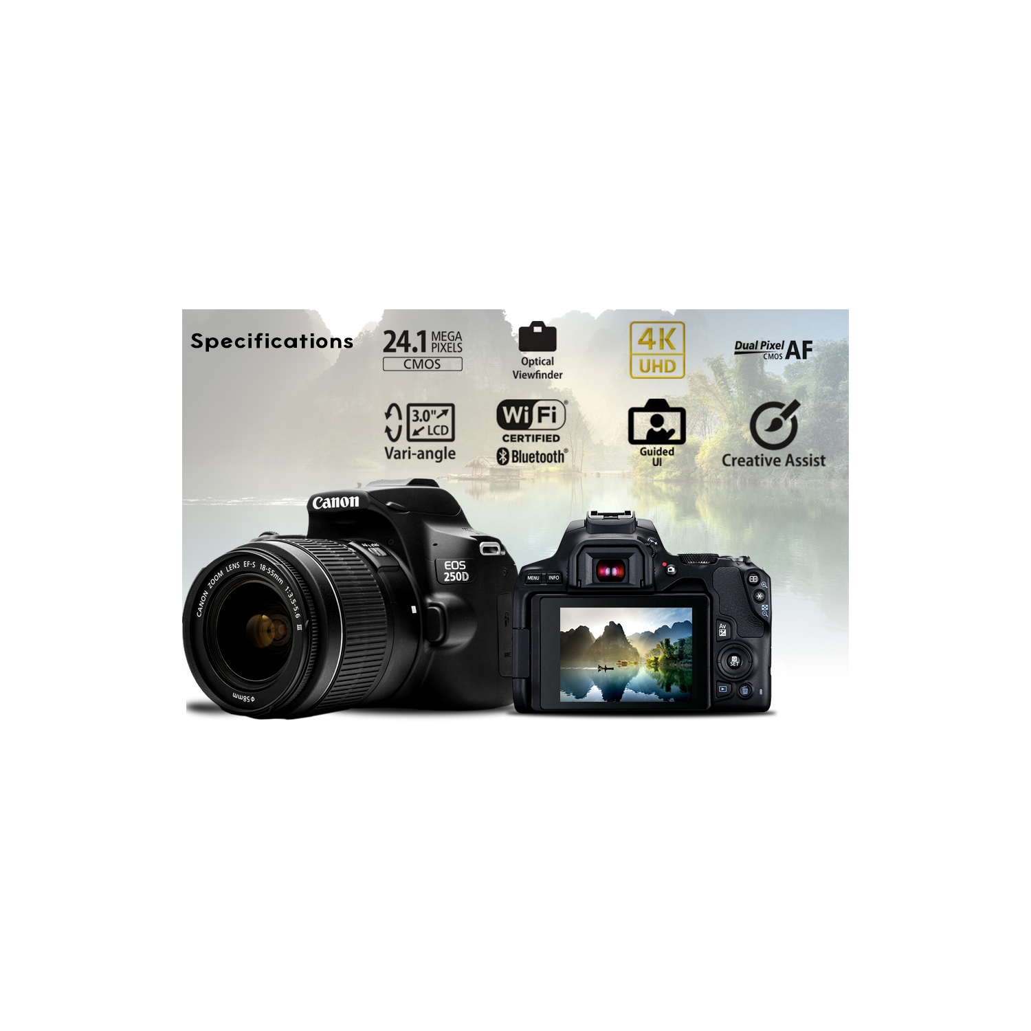 Canon EOS 250D / Rebel SL3 DSLR Camera with 18-55mm Lens + Creative Filter Set, EOS Camera Bag + Sandisk Ultra 64GB Card