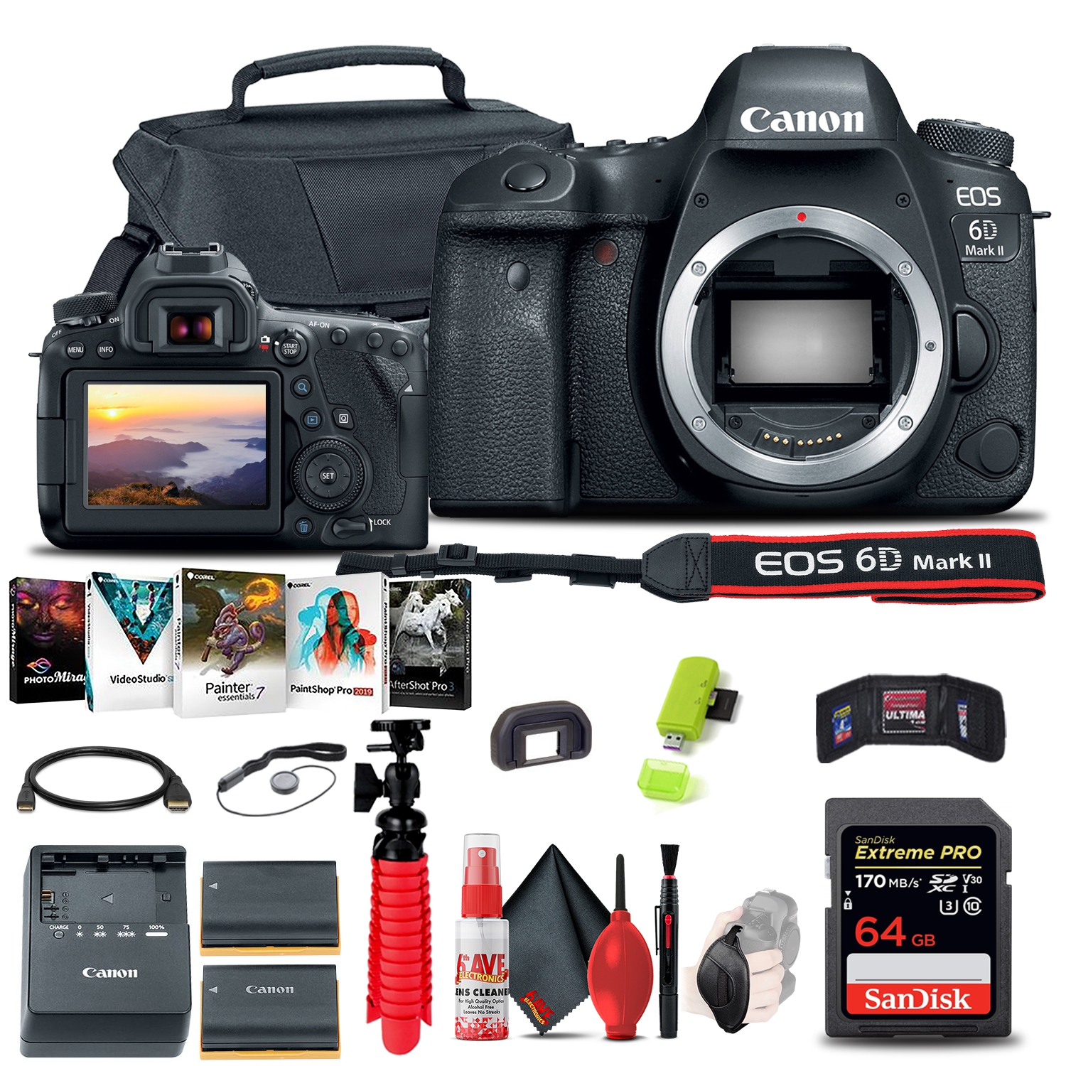 Canon EOS 6D Mark II DSLR Camera Extra Battery & Storage Bundle