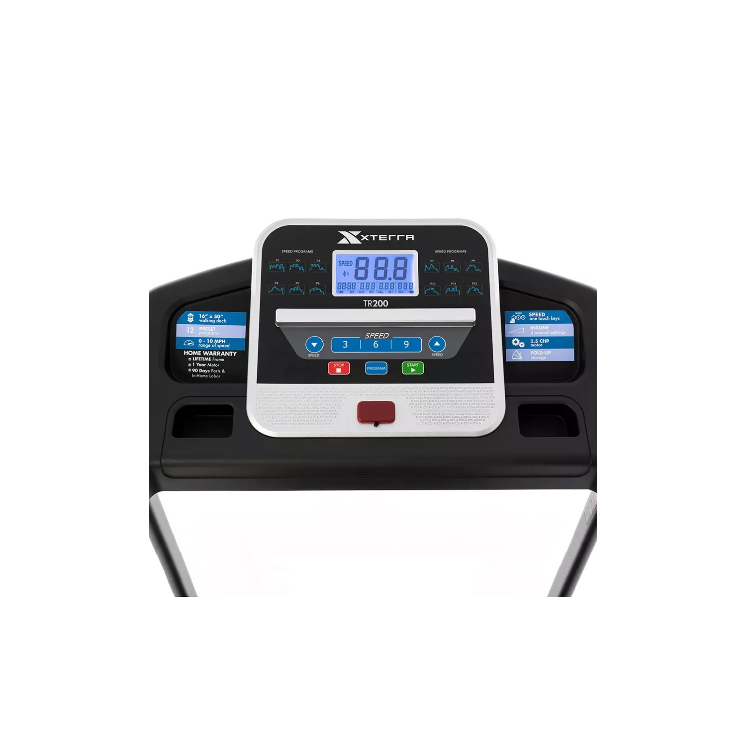 2,25 HP de tapis roulant pliable TR200 de Xterra Fitness | Surface de course de 16 x 50 po |Écran LCD de 5,5 po rétroéclairé en bleu –