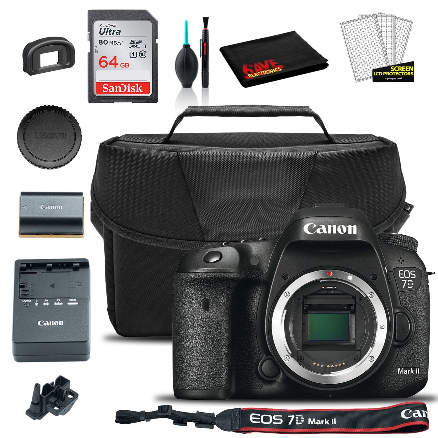 Canon EOS 7D Mark II DSLR Camera (9128B002) + EOS Bag + Sandisk Ultra 64GB Card + Clean and Care Set (International Model)