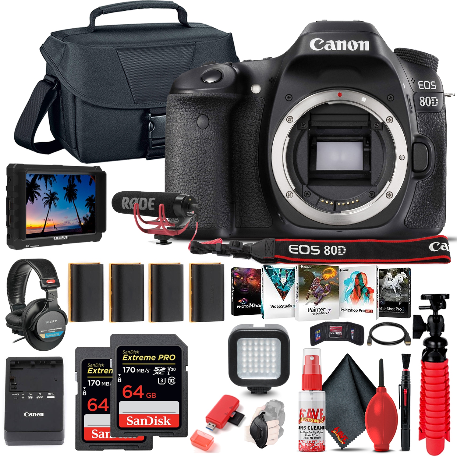 Canon EOS 80D DSLR Camera (1263C004) + 4K Monitor + Mic + More