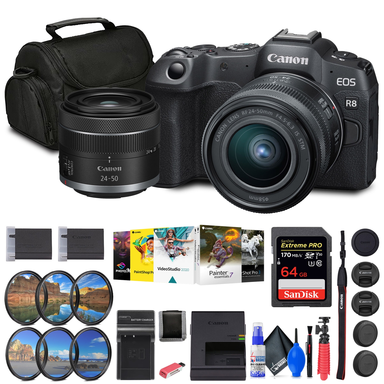 Appareil photo sans miroir EOS R8 de Canon avec objectif RF 24-50&nbsp;mm + carte 64&nbsp;Go + sac + chargeur + batterie + plus