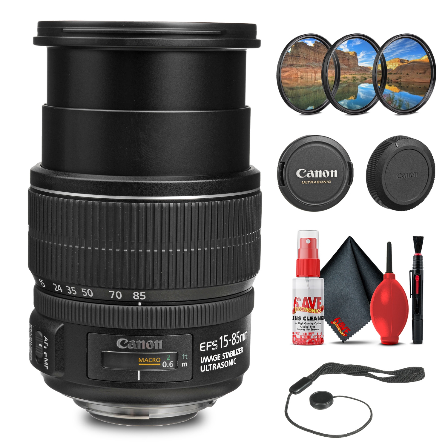 Objectif EF-S 15-85&nbsp;mm f/3,5-5,6 IS USM de Canon avec trousse de filtres + trousse de nettoyage + autres accessoires