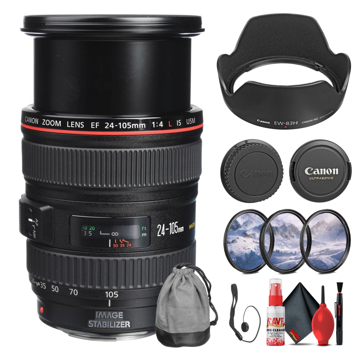 Objectif EF 24-105&nbsp;mm f/4&nbsp;L IS USM de Canon + trousse de filtre + protège-bouchon - Ensemble