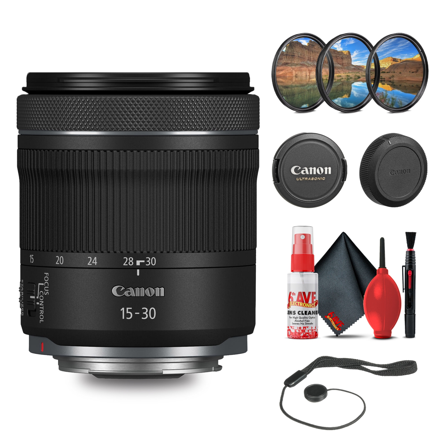 Objectif RF 15-30&nbsp;mm f/4,5-6,3 IS STM de Canon avec trousse de filtre + trousse de nettoyage + plus