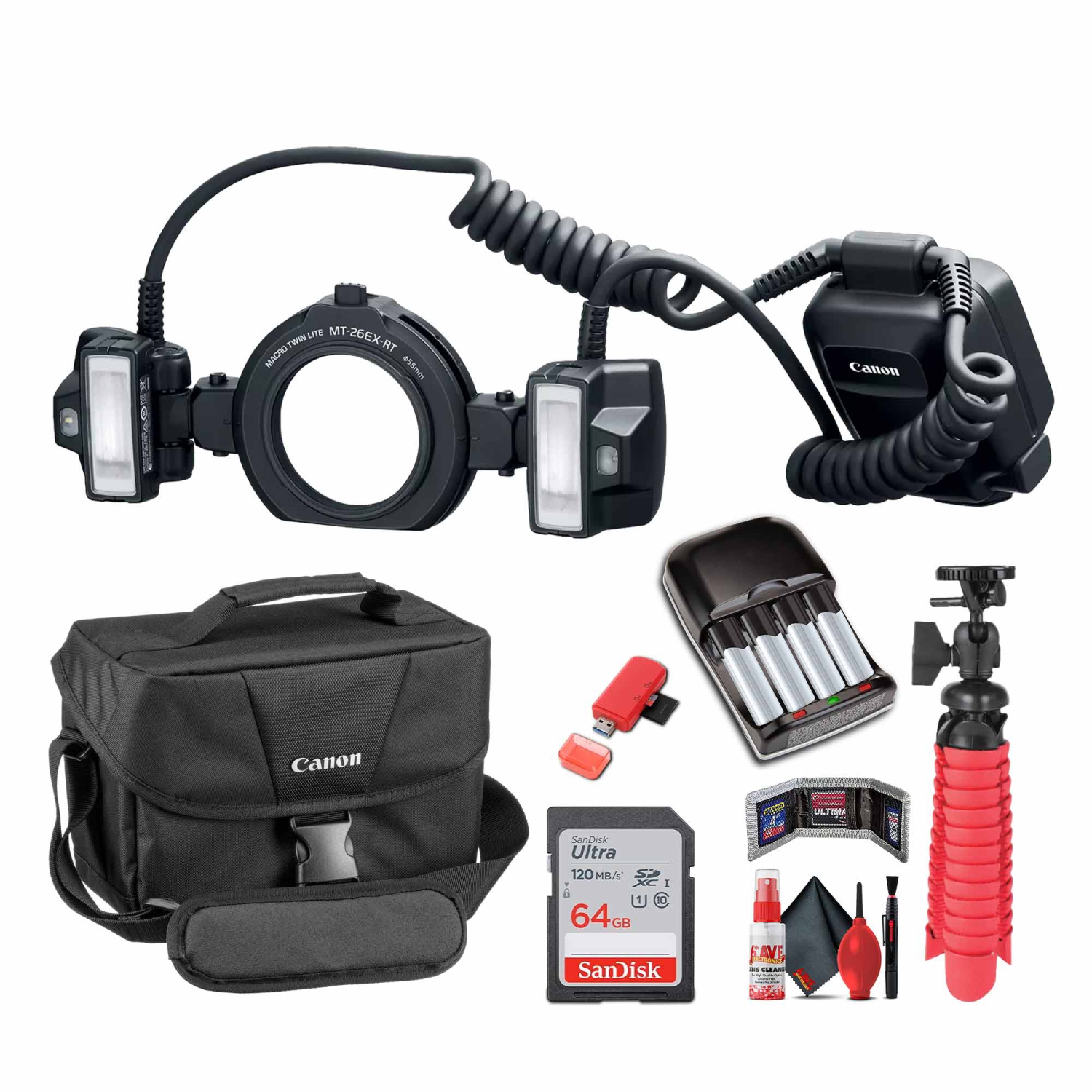 Ensemble Macro Twin Lite MT-26EX-RT de Canon + carte mémoire Ultra de 64&nbsp;Go + plus