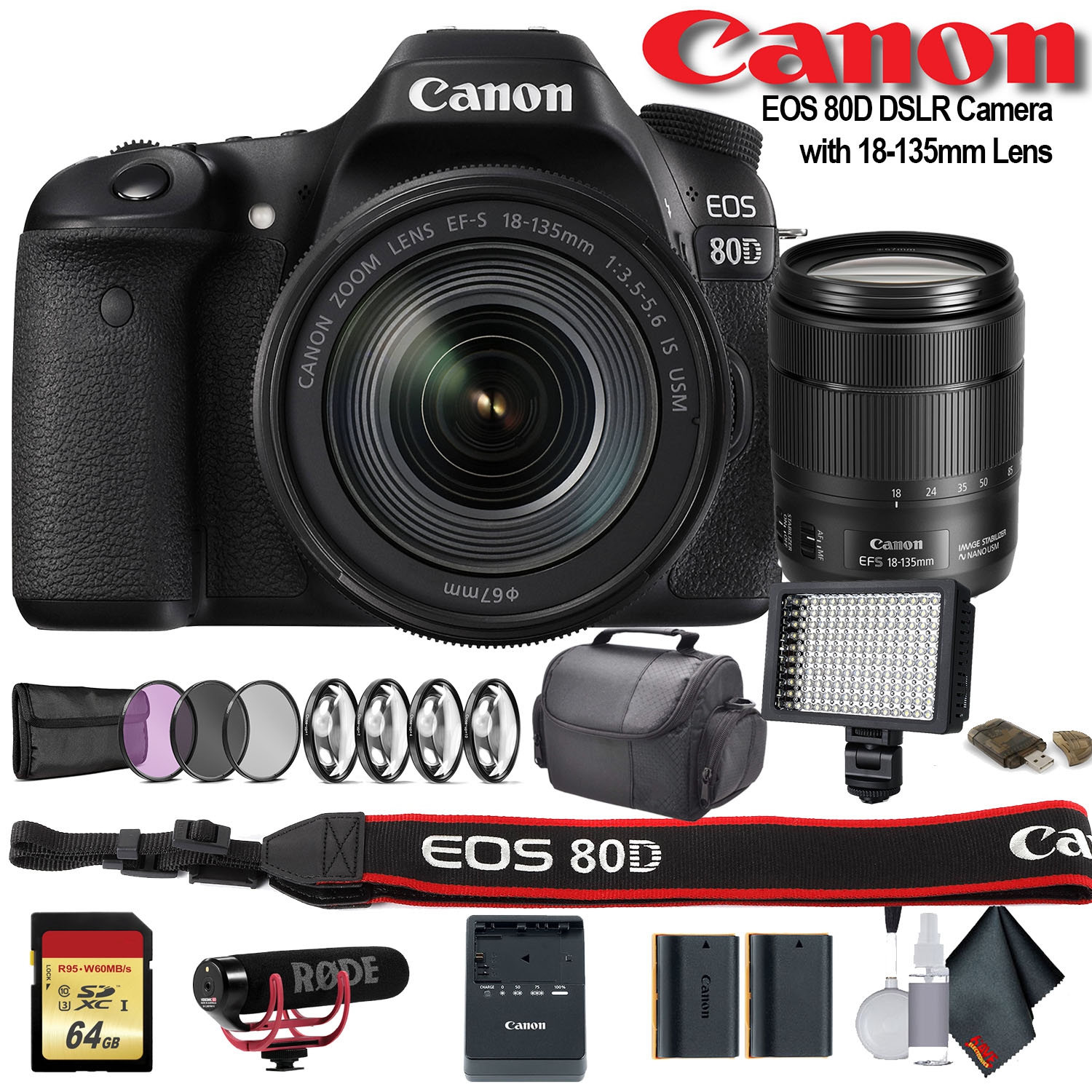 Canon EOS 80D DSLR Camera with 18-135mm Lens W/Bag, Extra Battery, LED Light, Mic, Filters and More