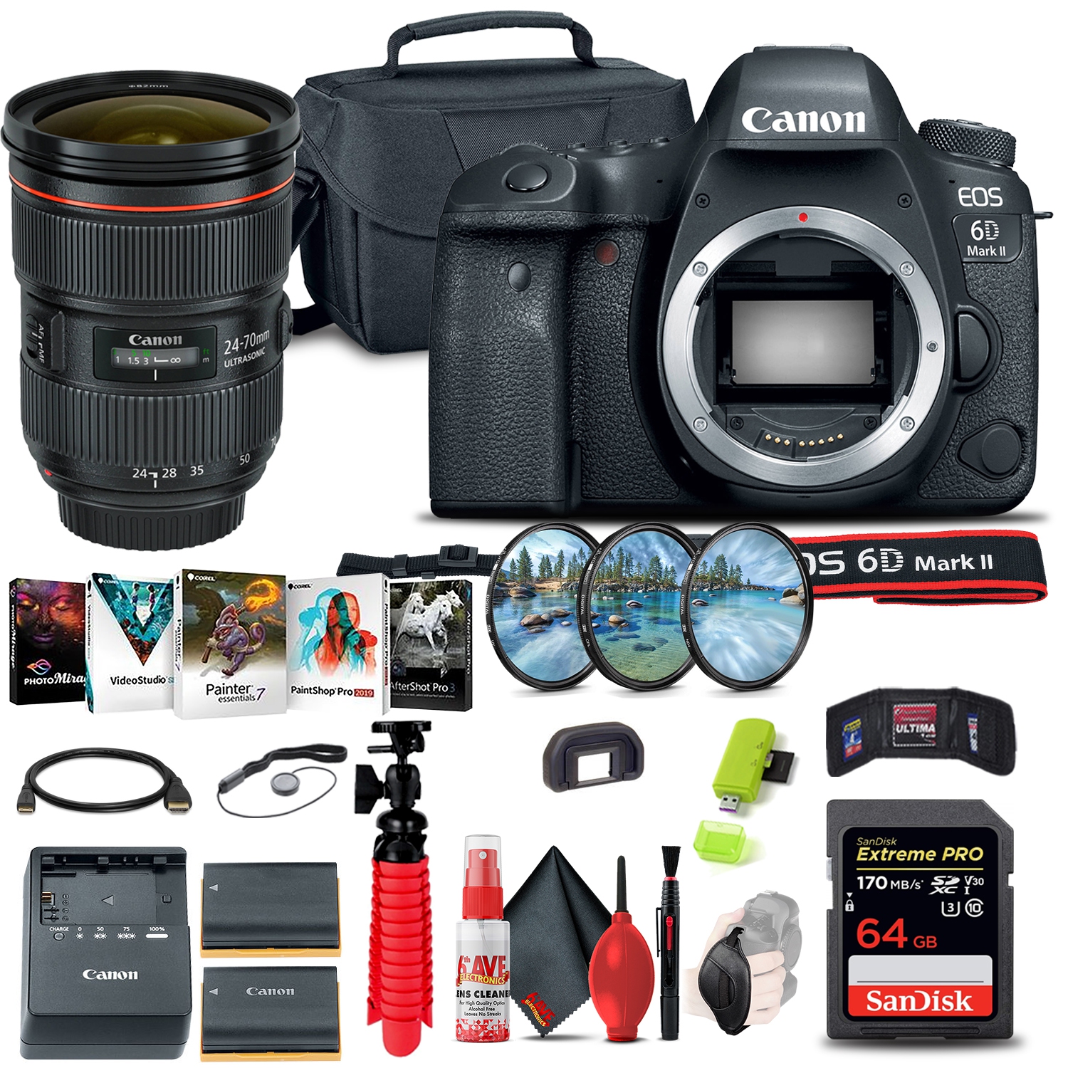 Canon EOS 6D Mark II DSLR Camera + Canon EF 24-70mm Lens + More