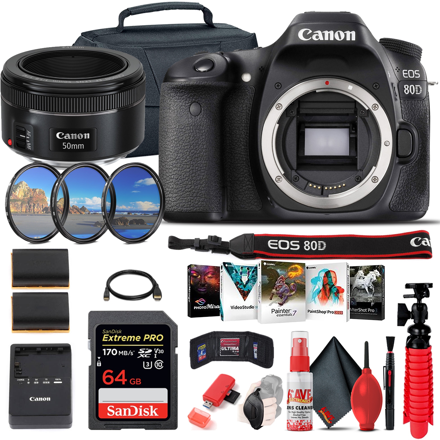Canon EOS 80D DSLR Camera (1263C004) + EF 50mm Lens + 64GB Advanced Bundle
